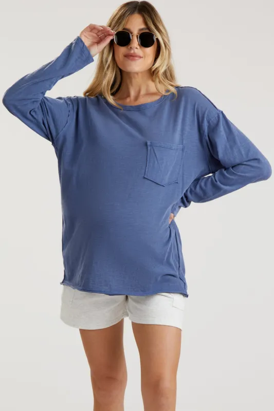 Navy Blue Mineral Wash Front Pocket Long Sleeve Maternity Top sold by Pinkblush