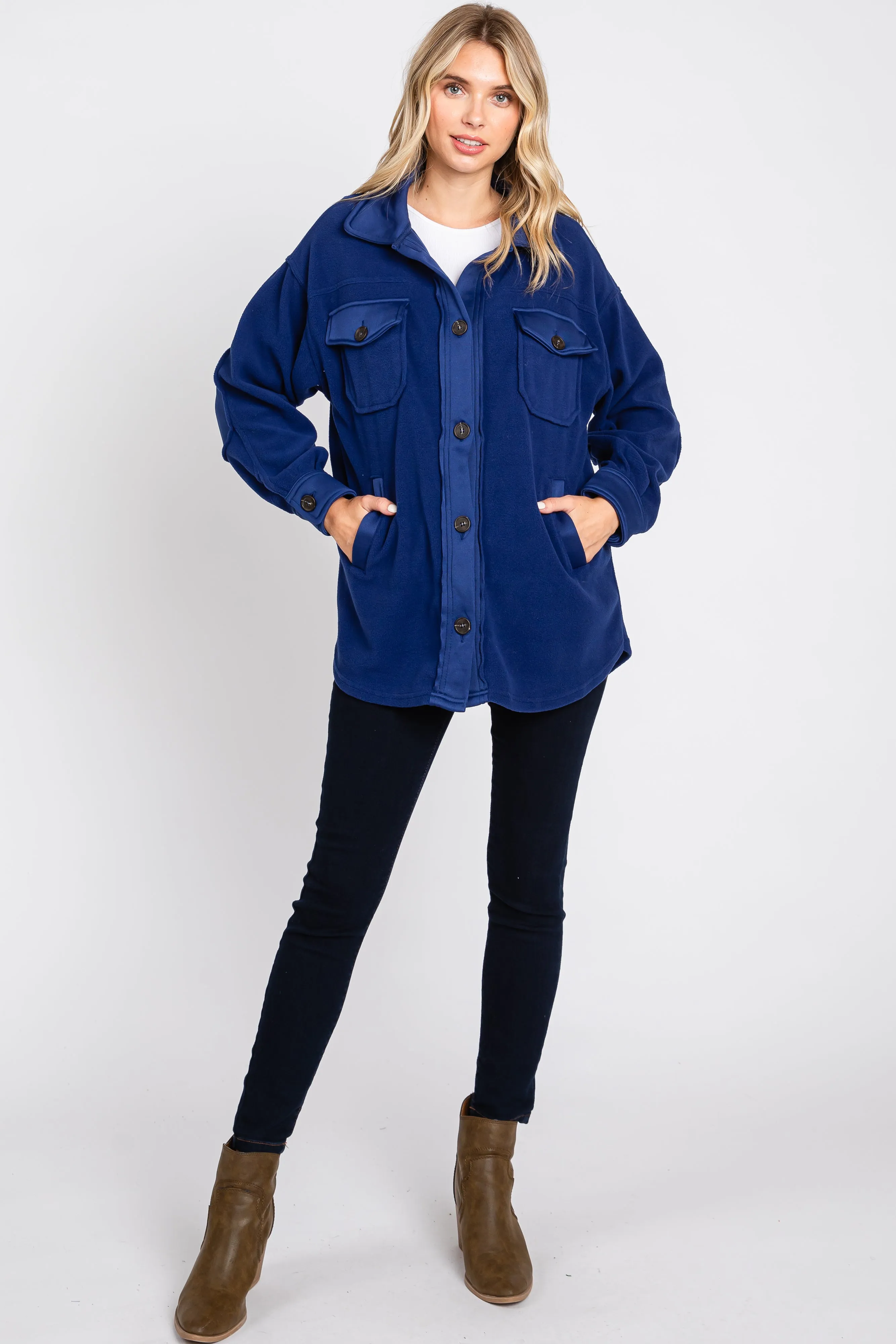 Navy Blue Fleece Double Front Pocket Jacket sold by Pinkblush product image thumbnail 5