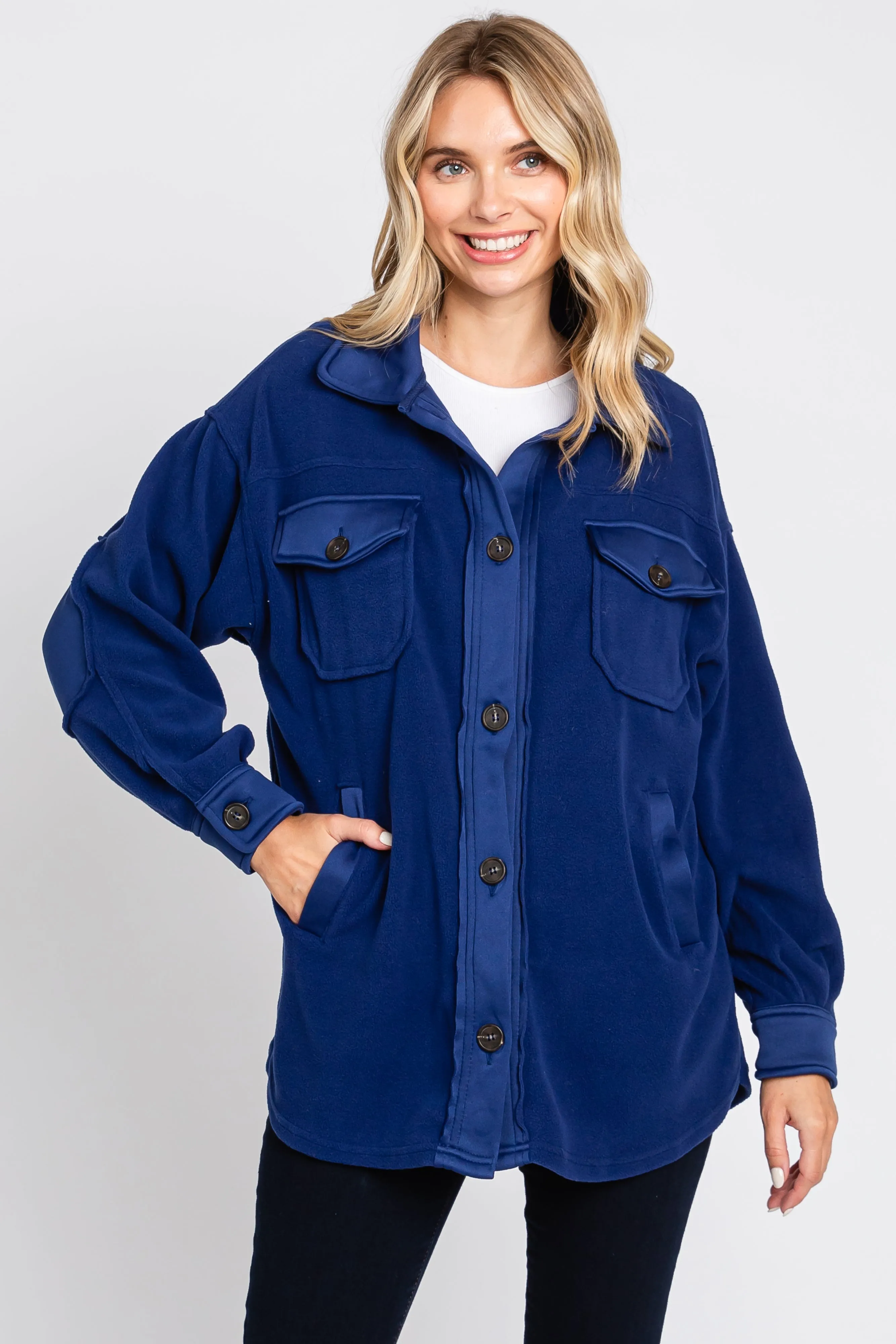 Navy Blue Fleece Double Front Pocket Jacket sold by Pinkblush product image thumbnail 2