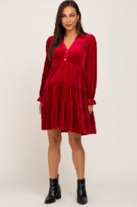 Red Velvet Long Sleeve Tiered Collared Maternity Dress sold by Pinkblush