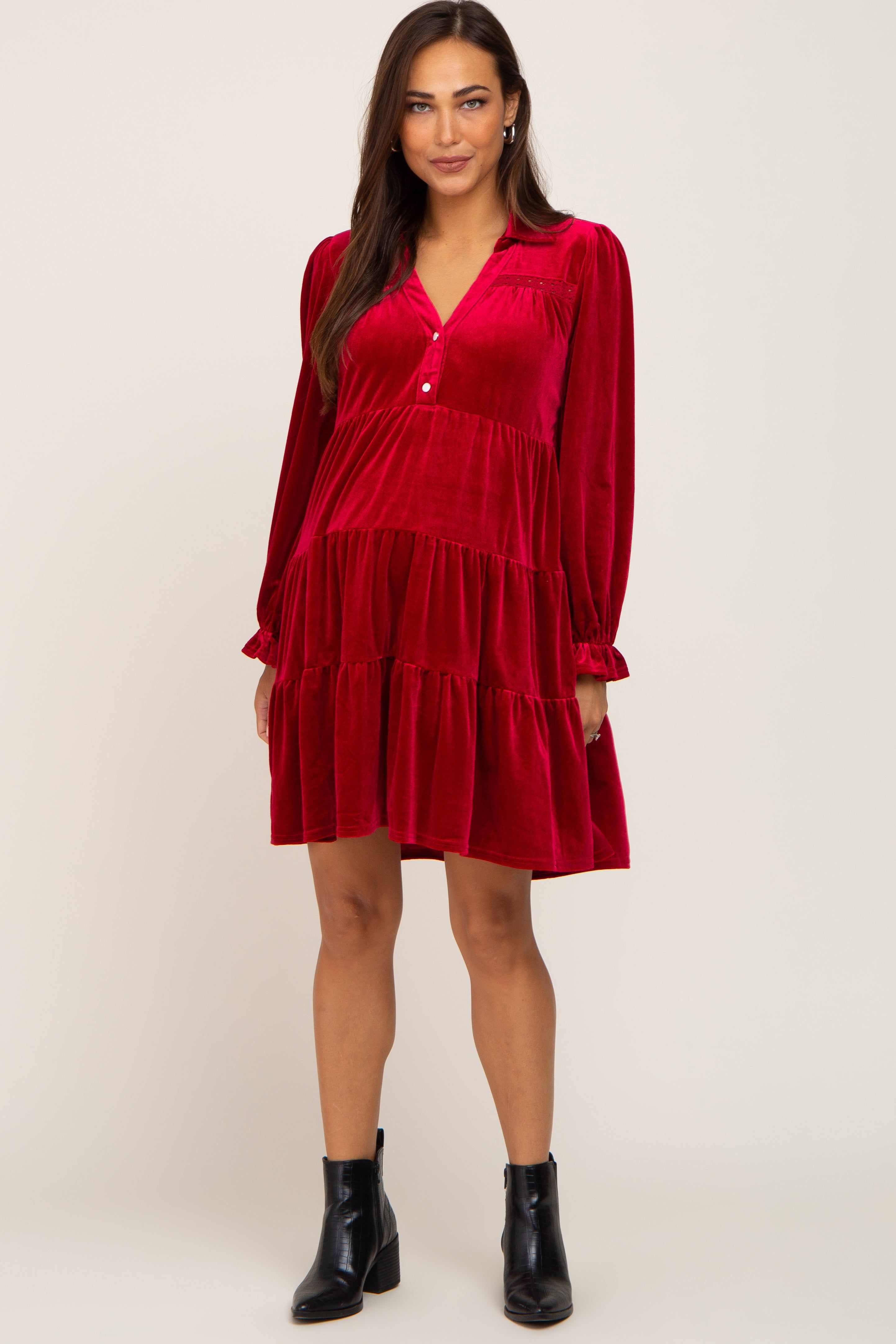 Red Velvet Long Sleeve Tiered Collared Maternity Dress sold by Pinkblush product image thumbnail 4