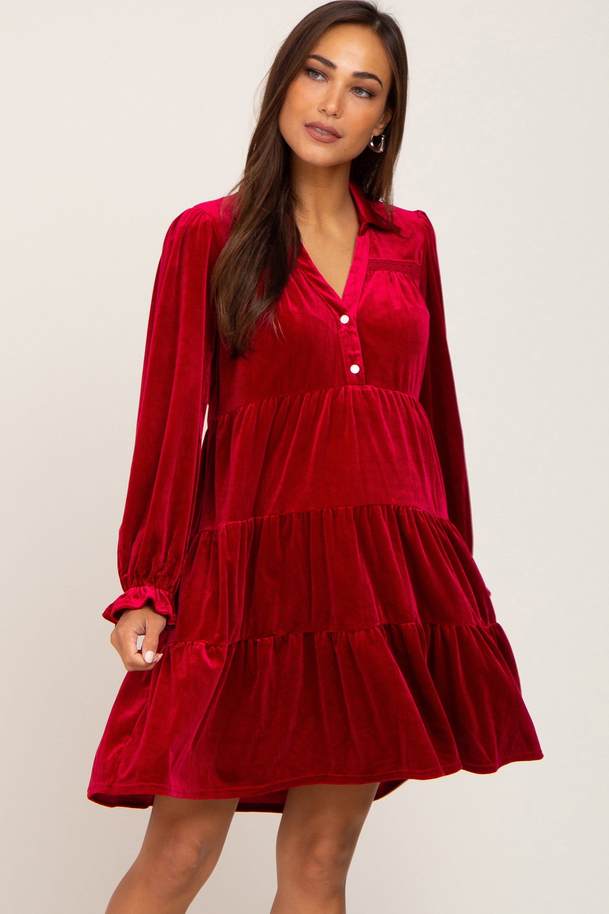 Red Velvet Long Sleeve Tiered Collared Maternity Dress sold by Pinkblush