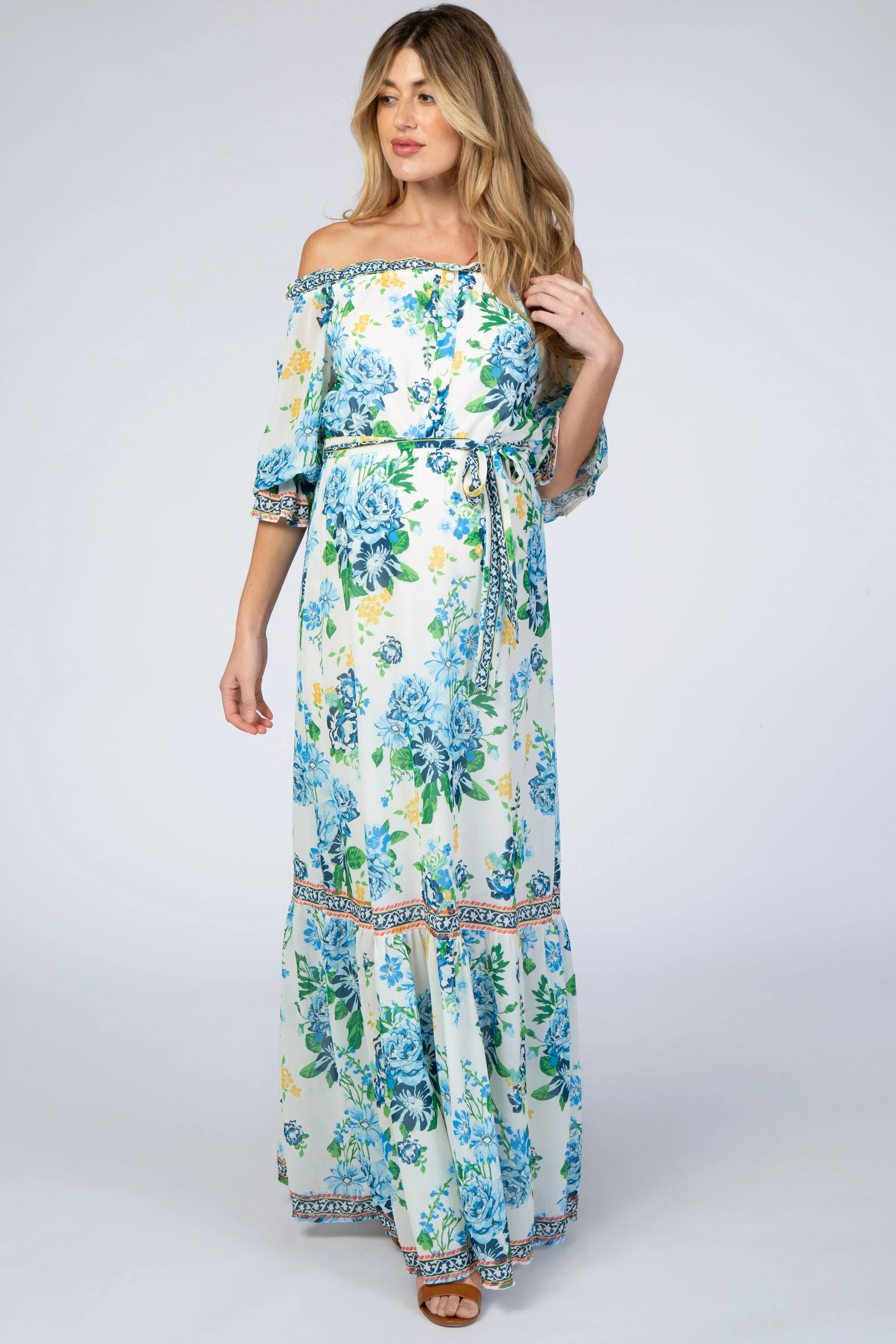 Ivory Floral Off Shoulder Maternity Maxi Dress sold by Pinkblush