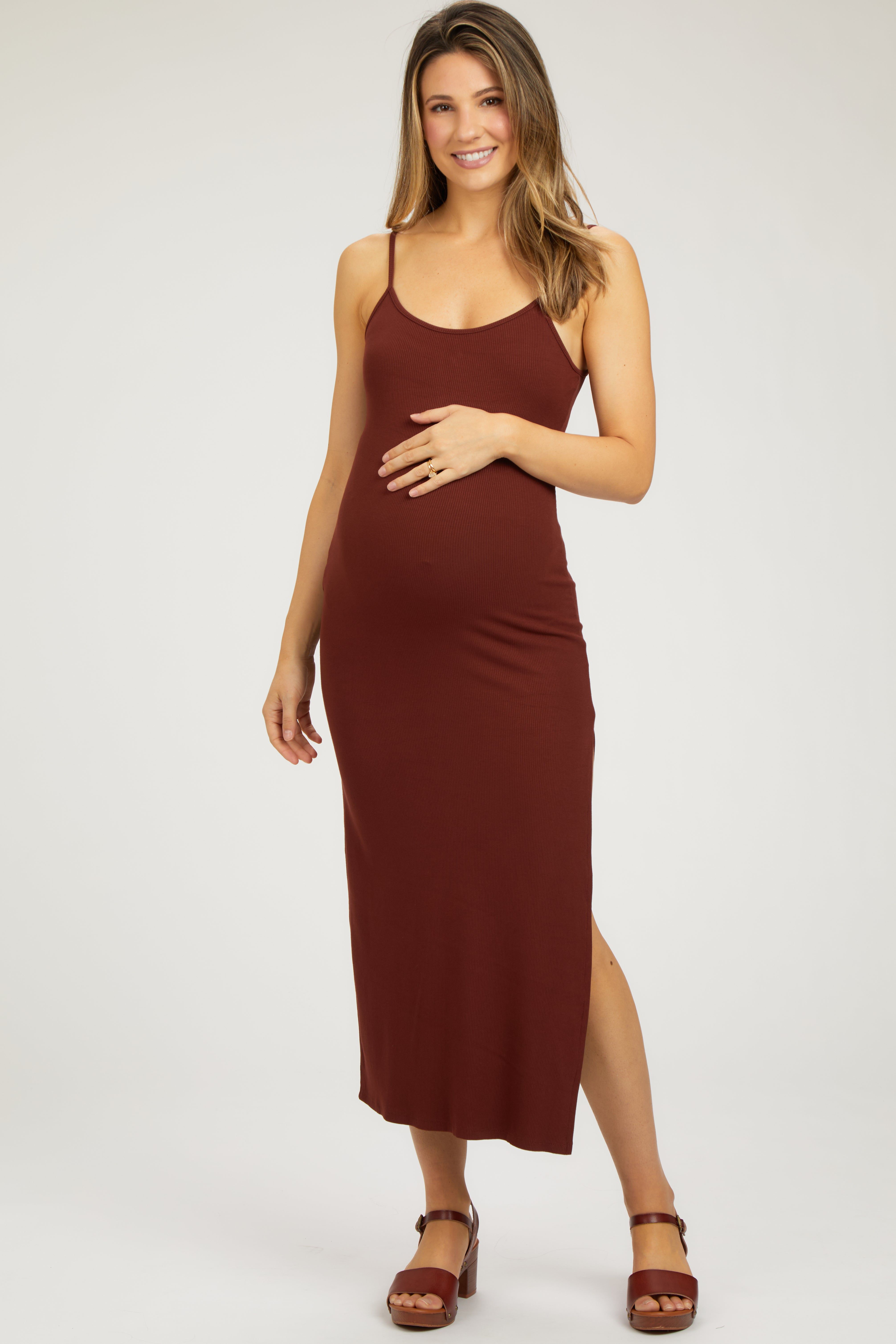 Rust Ribbed Sleeveless Side Slit Maternity Dress sold by Pinkblush