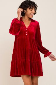 Red Velvet Long Sleeve Tiered Collared Maternity Dress sold by Pinkblush