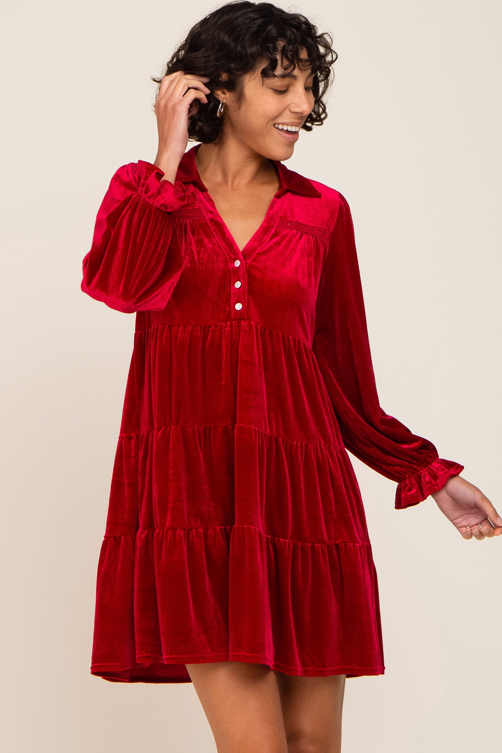 Red Velvet Long Sleeve Tiered Collared Maternity Dress sold by Pinkblush product image thumbnail 5