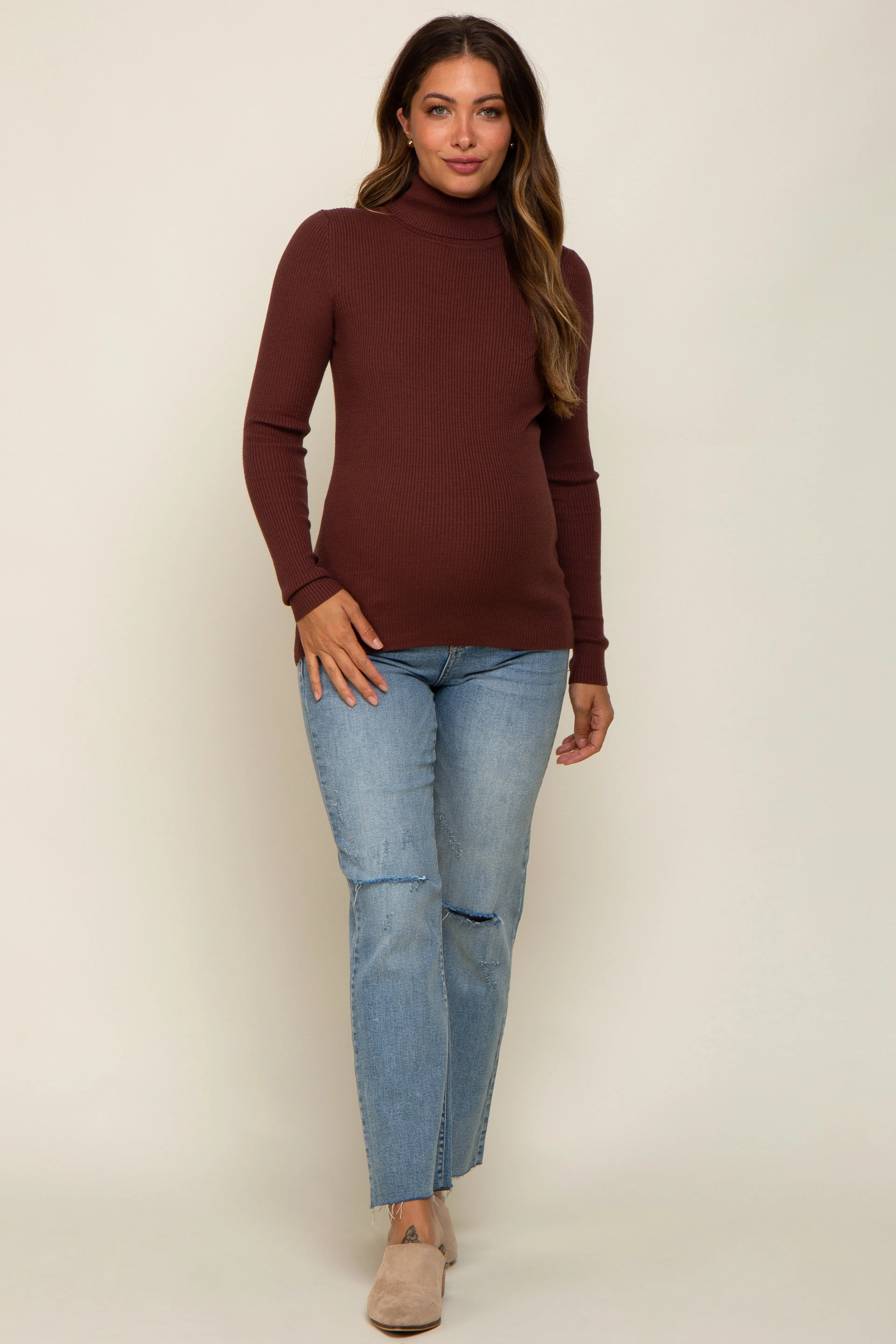 Brown Ribbed Fitted Long Sleeve Maternity Top sold by Pinkblush product image thumbnail 4