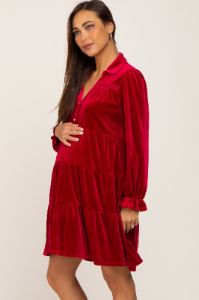 Red Velvet Long Sleeve Tiered Collared Maternity Dress sold by Pinkblush