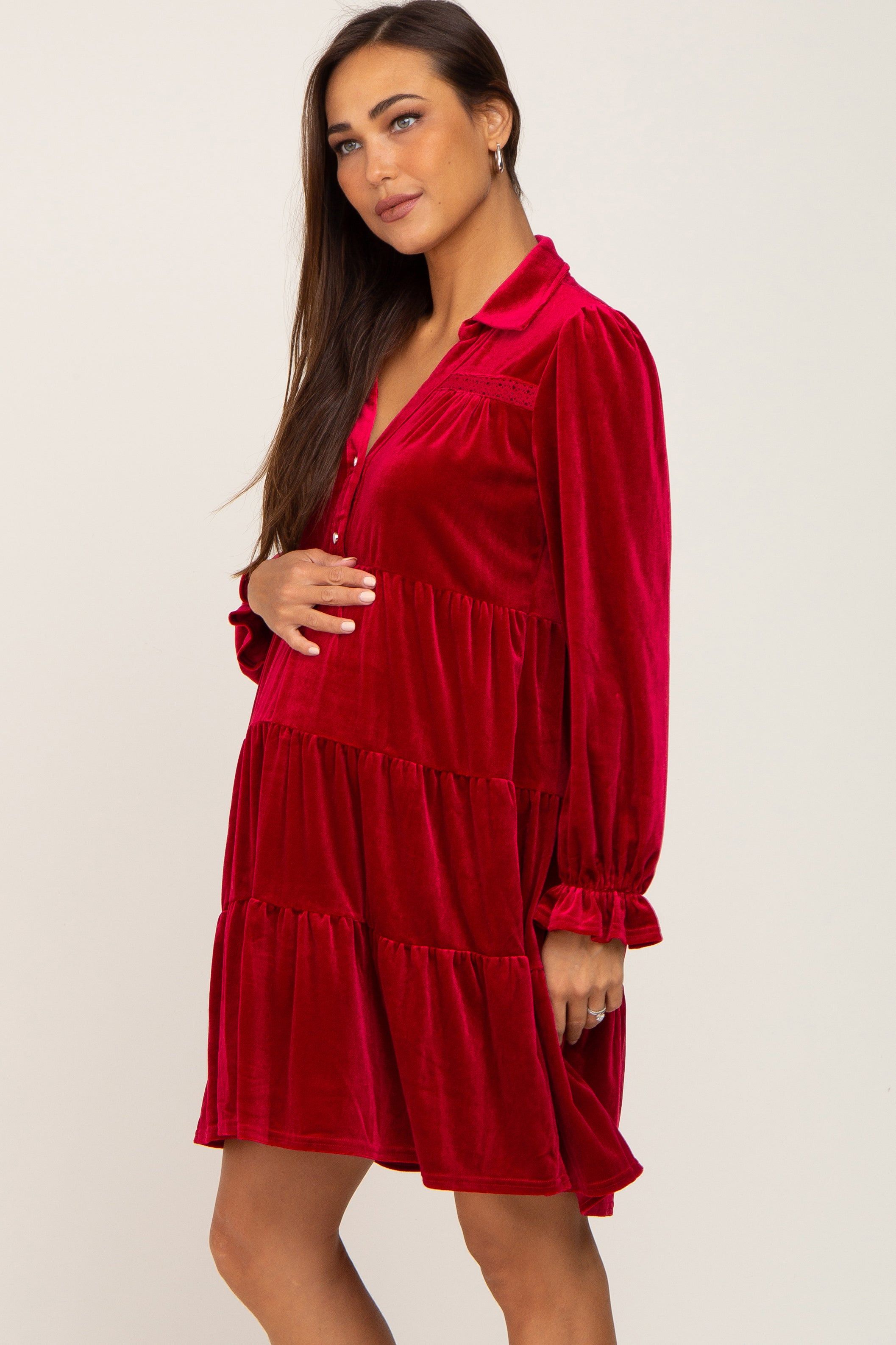 Red Velvet Long Sleeve Tiered Collared Maternity Dress sold by Pinkblush product image thumbnail 2