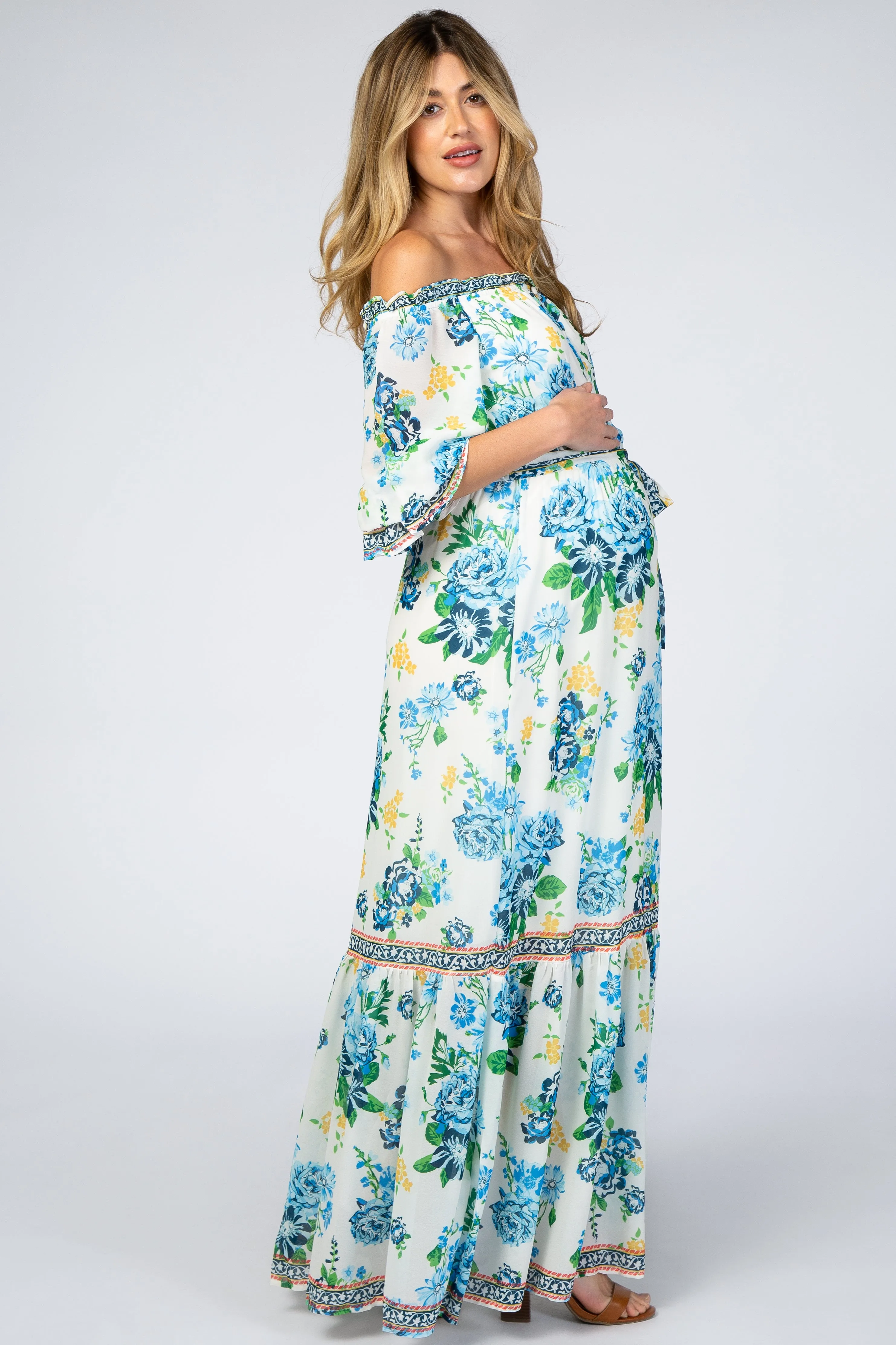 Ivory Floral Off Shoulder Maternity Maxi Dress sold by Pinkblush product image thumbnail 2