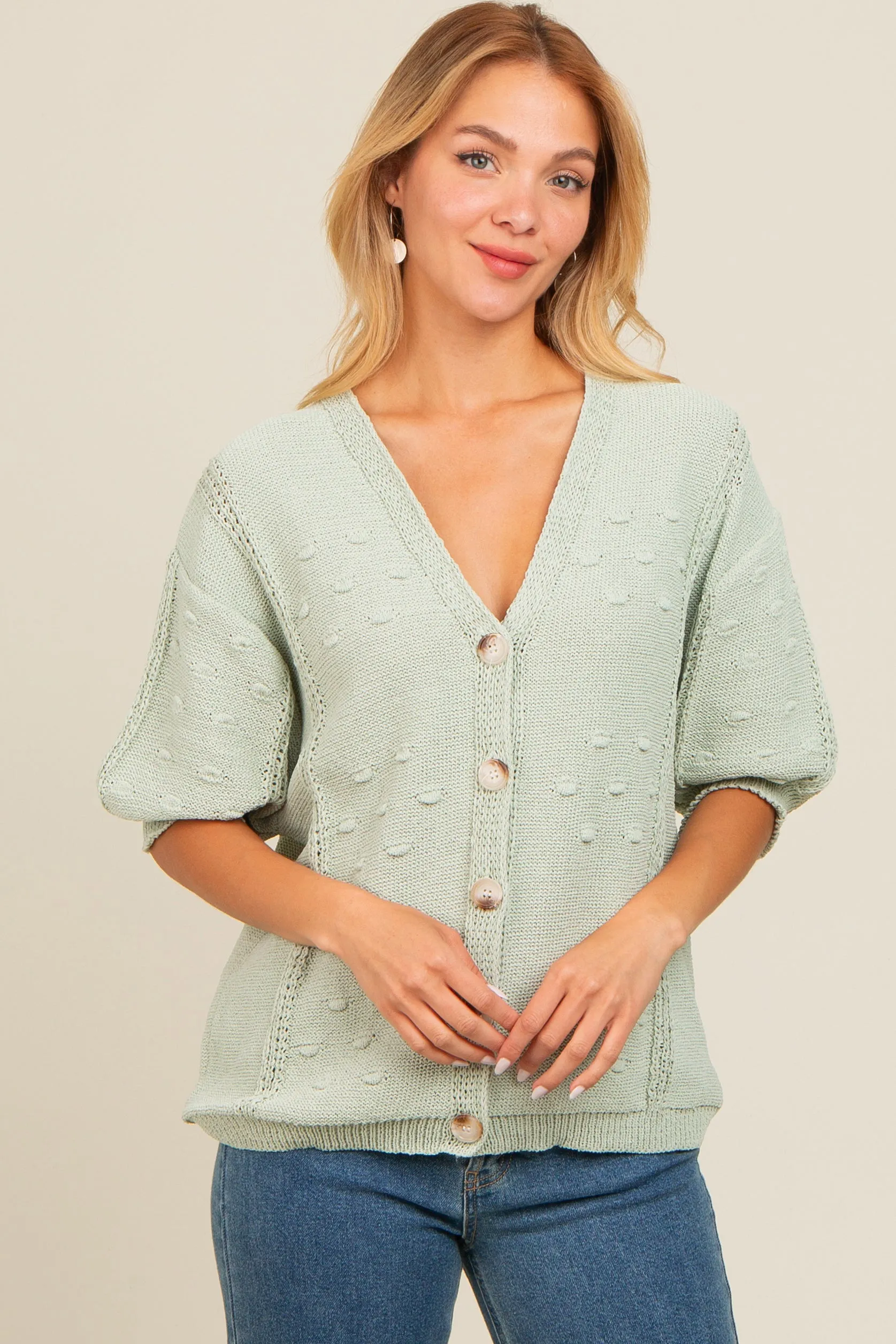 Light Olive Textured V-Neck Short Sleeve Maternity Cardigan sold by Pinkblush product image thumbnail 4