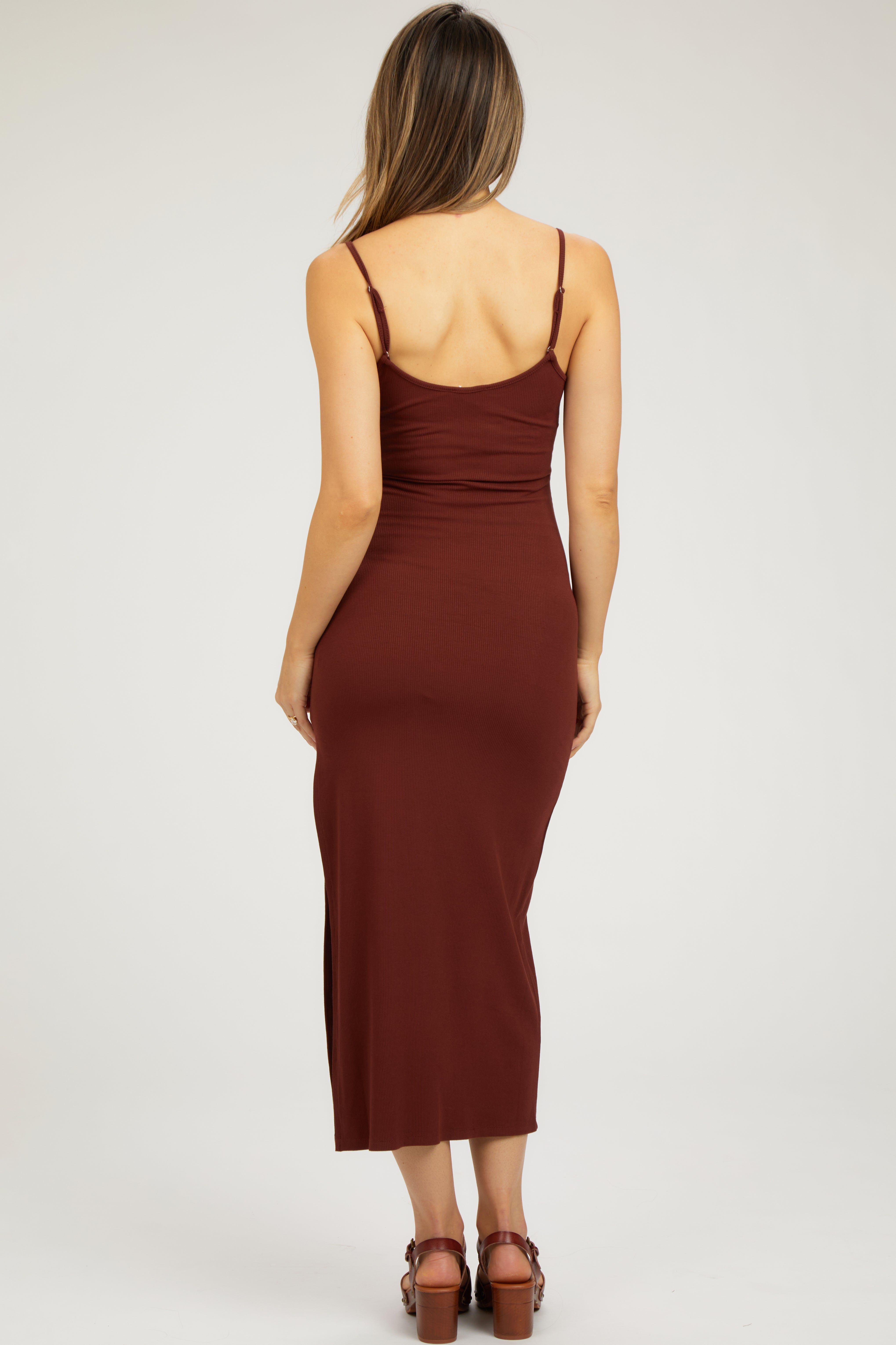 Rust Ribbed Sleeveless Side Slit Maternity Dress sold by Pinkblush product image thumbnail 2