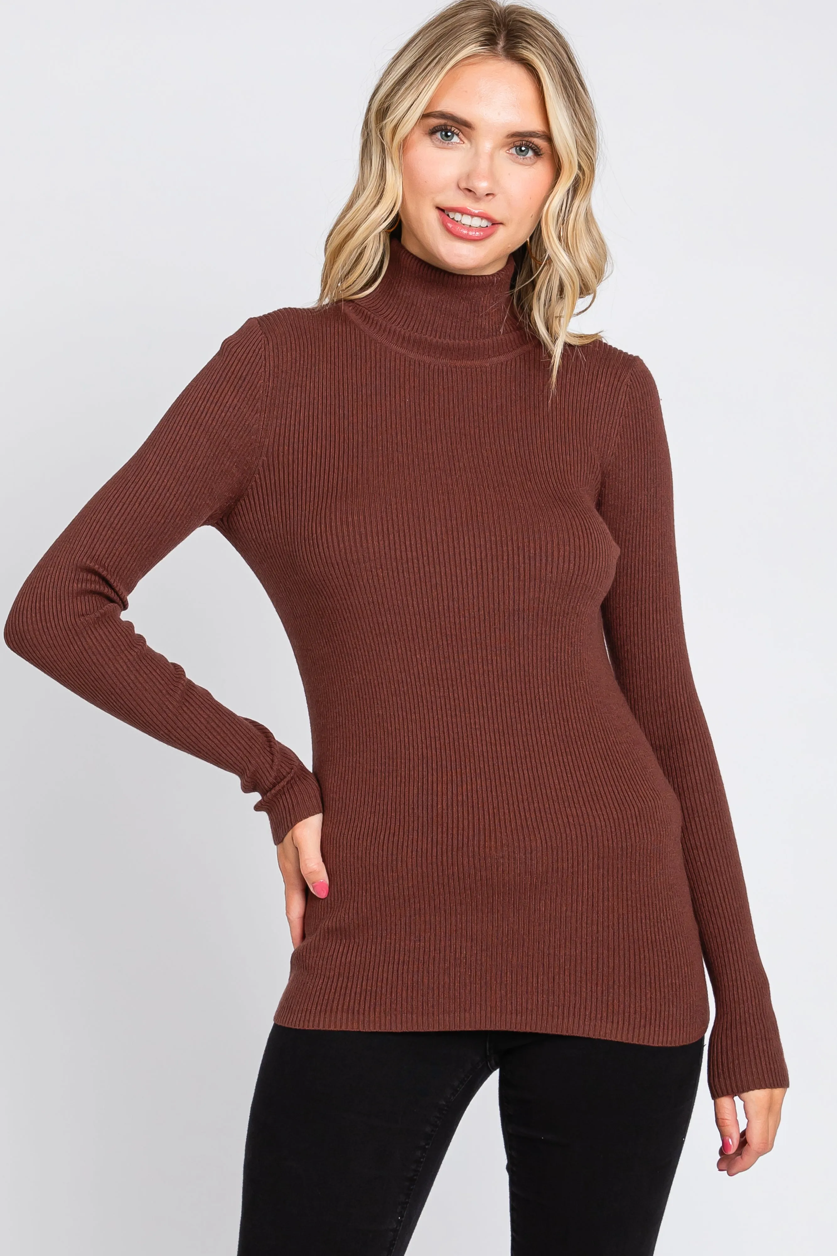 Brown Ribbed Fitted Long Sleeve Maternity Top sold by Pinkblush product image thumbnail 5