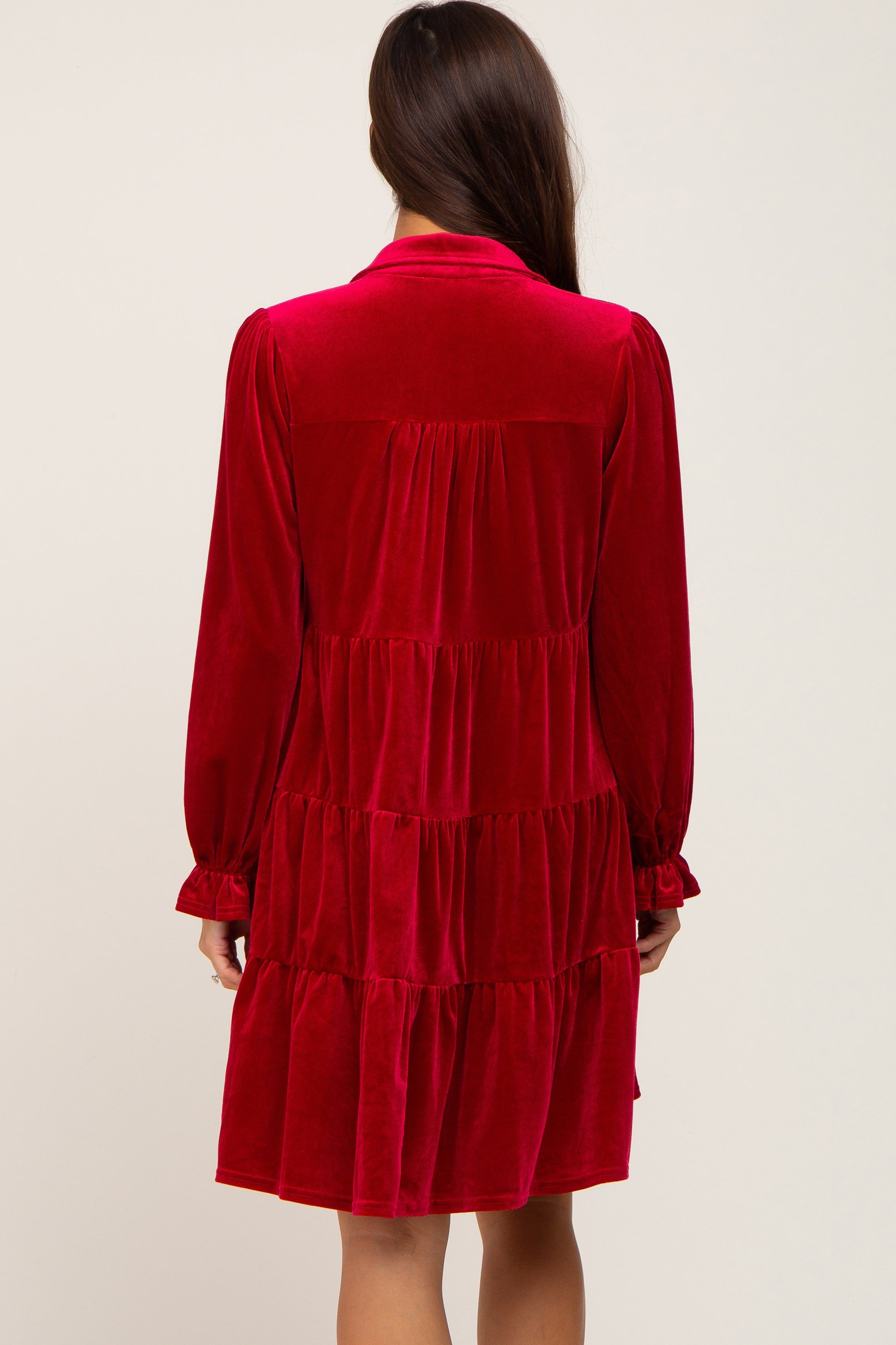 Red Velvet Long Sleeve Tiered Collared Maternity Dress sold by Pinkblush product image thumbnail 3