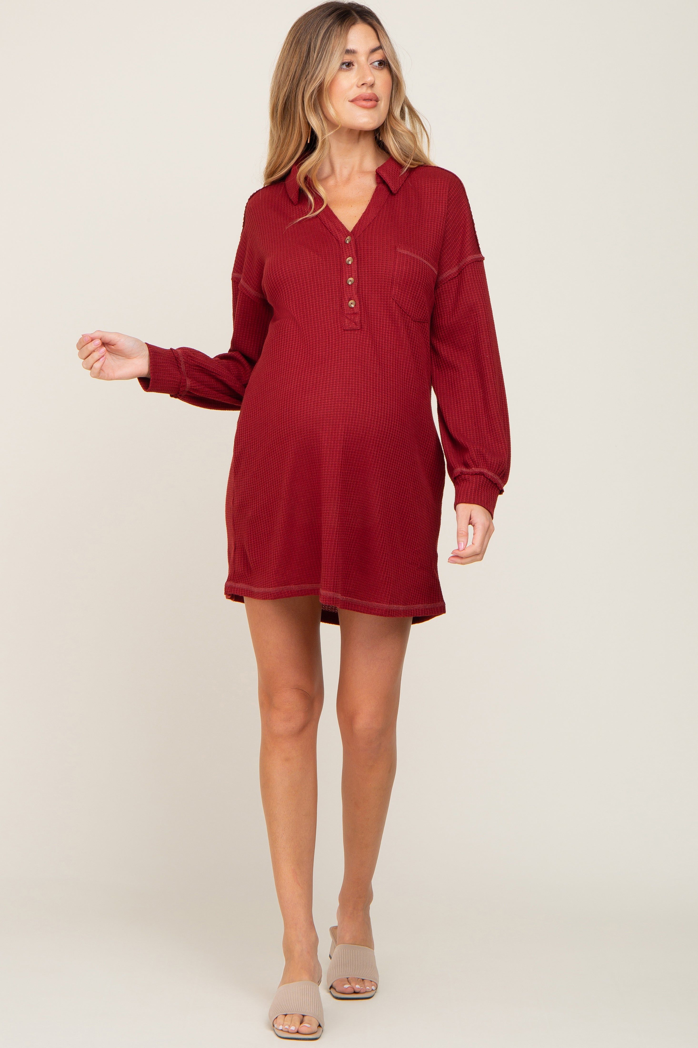 Burgundy Waffle Knit Collared Long Sleeve Maternity Dress sold by Pinkblush product image thumbnail 4