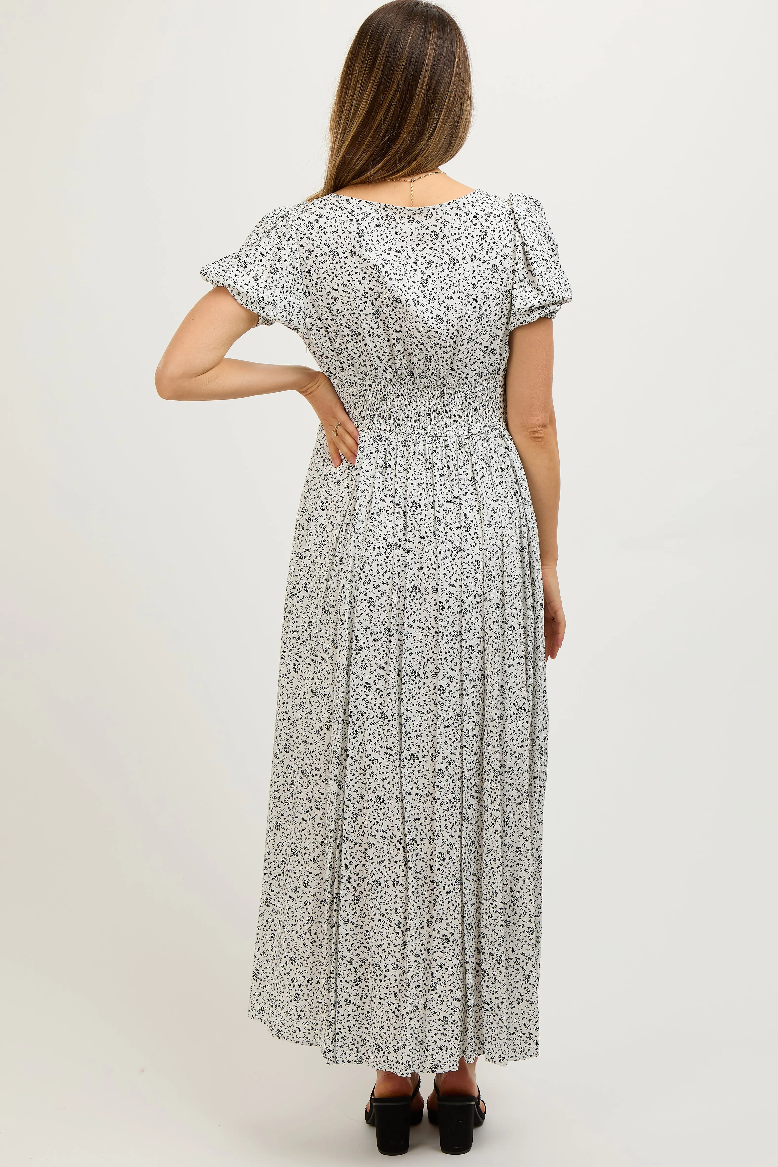 Ivory Floral Button Down Front Slit Maternity Maxi Dress sold by Pinkblush product image thumbnail 4