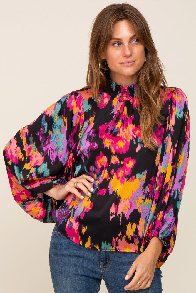 Black Abstract Smocked Mock Neck Blouse sold by Pinkblush