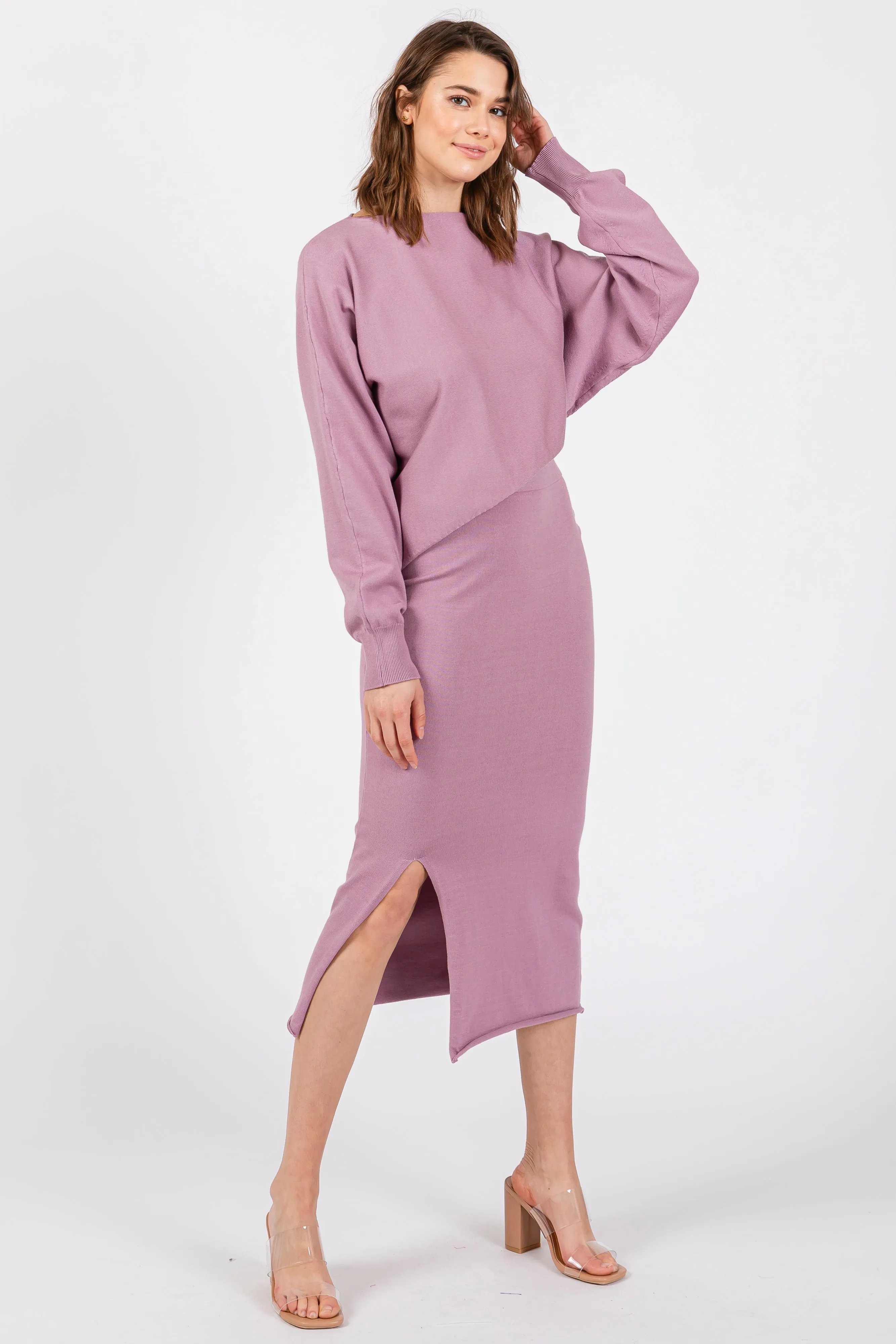 Mauve Knit Long Sleeve Crop Top Midi Skirt Set sold by Pinkblush product image thumbnail 2