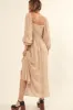 Sand Floral Square Neck Smocked Long Sleeve Maxi Dress sold by Pinkblush