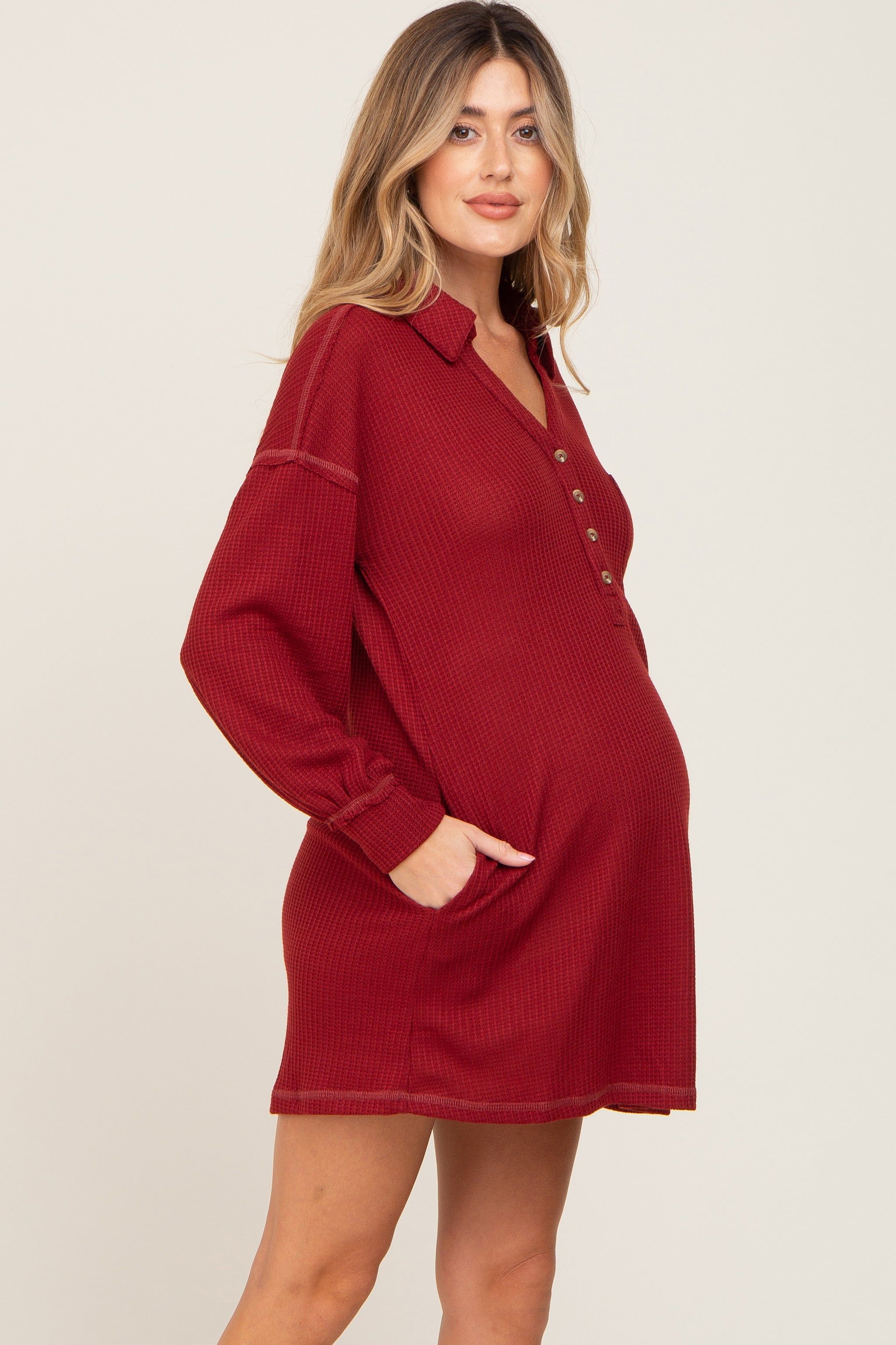 Burgundy Waffle Knit Collared Long Sleeve Maternity Dress sold by Pinkblush product image thumbnail 2