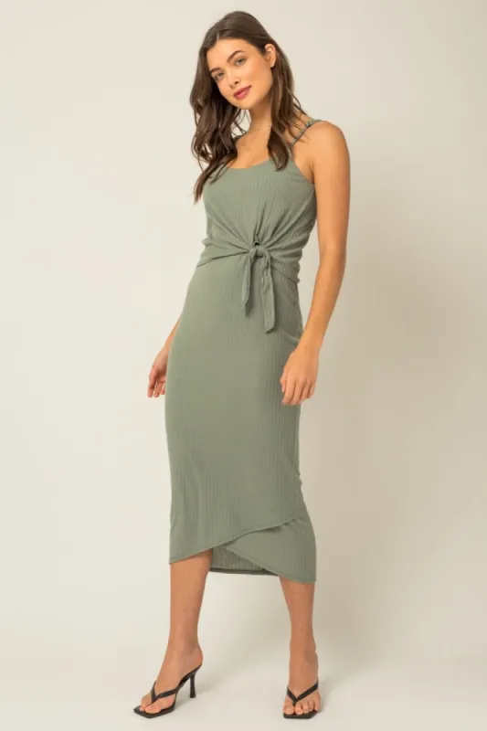 Sage Sleeveless Ribbed Waist Tie Wrapped Hem Dress sold by Pinkblush