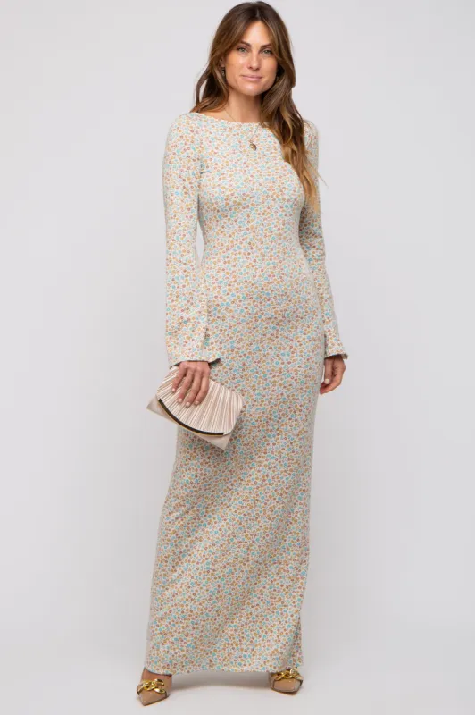 Cream Floral Long Sleeve Open Back Maxi Dress sold by Pinkblush