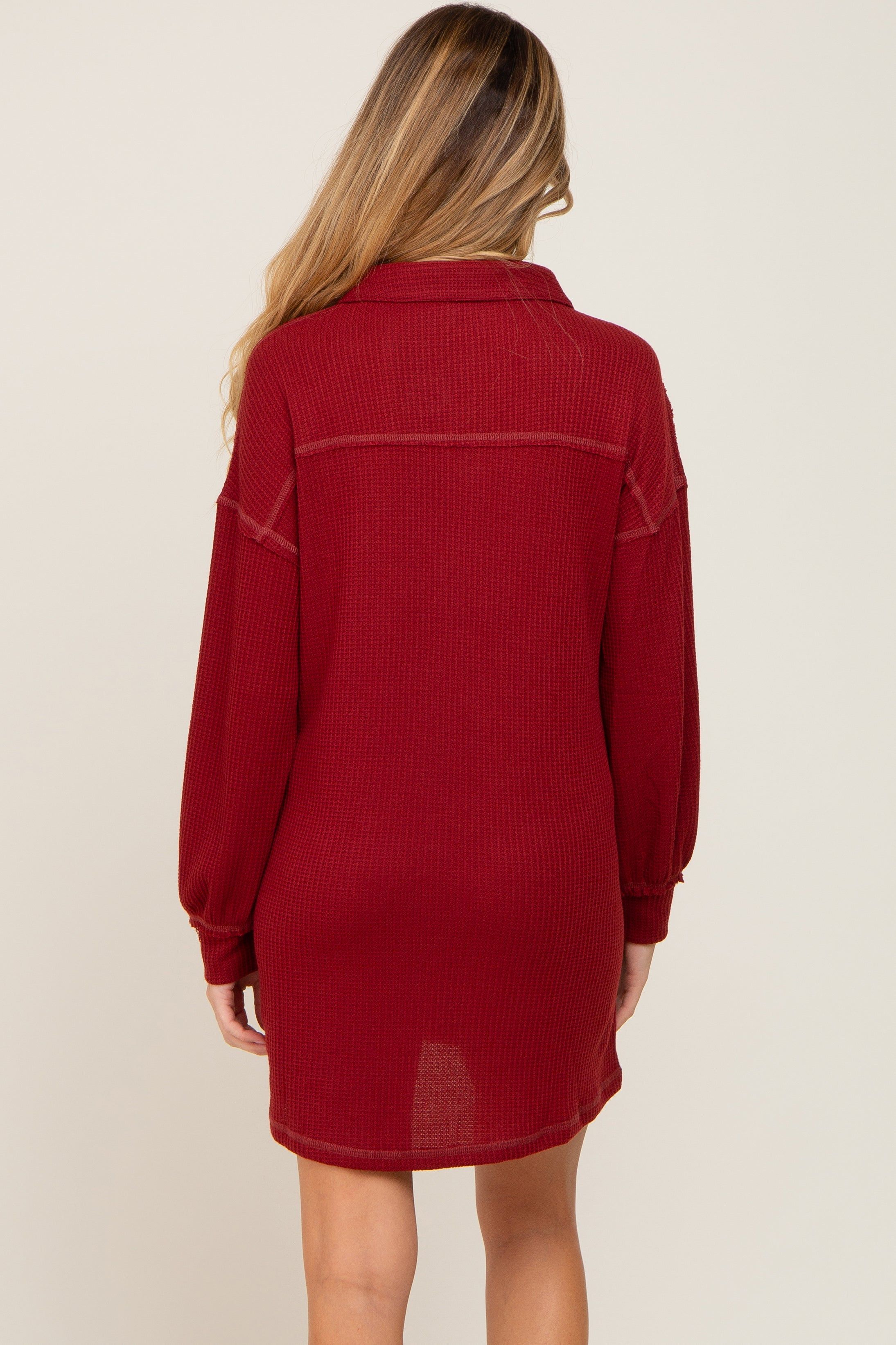 Burgundy Waffle Knit Collared Long Sleeve Maternity Dress sold by Pinkblush product image thumbnail 3