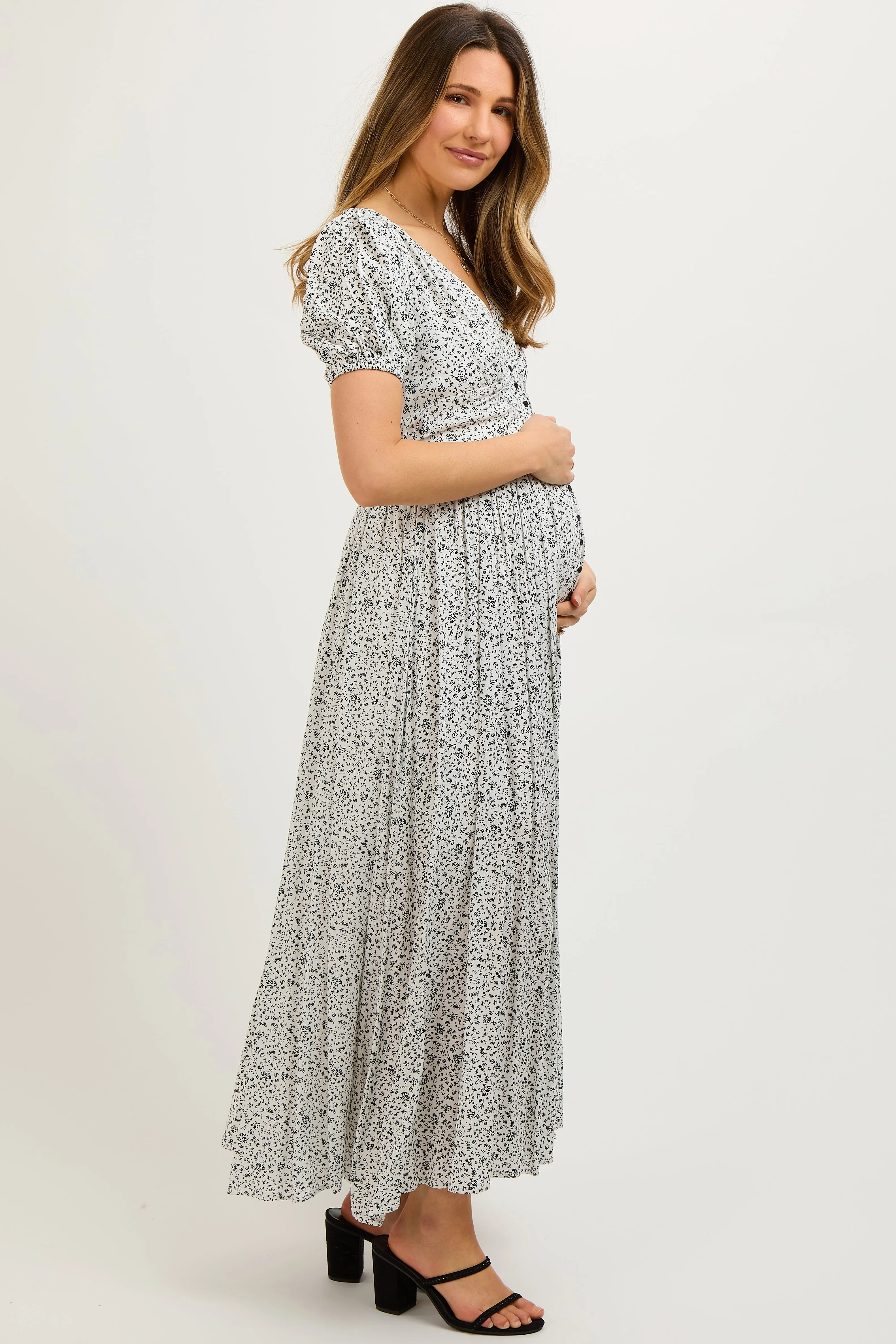 Ivory Floral Button Down Front Slit Maternity Maxi Dress sold by Pinkblush product image thumbnail 3
