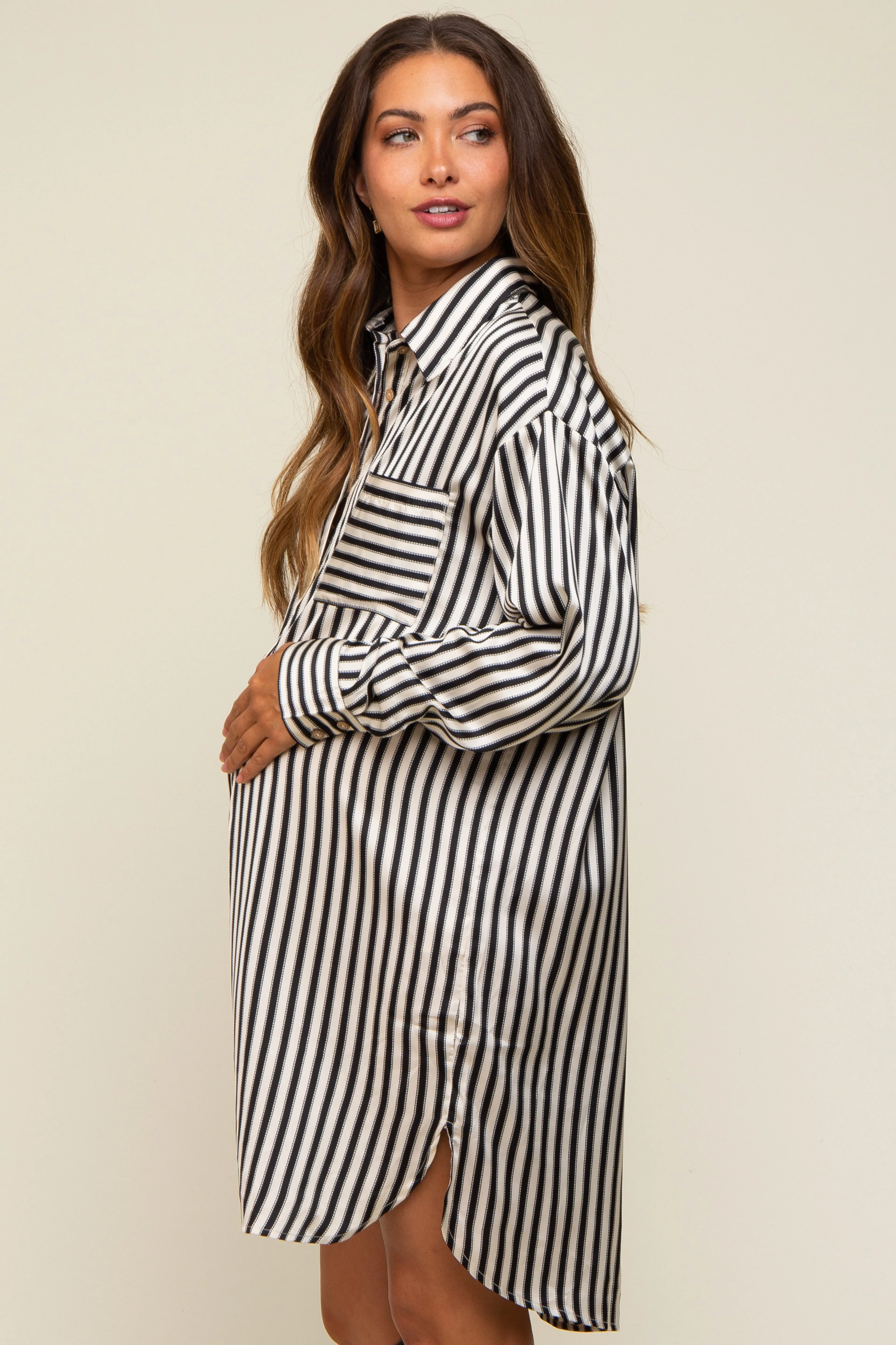 Black Cream Striped Collared Button-Down Maternity Dress sold by Pinkblush product image thumbnail 4