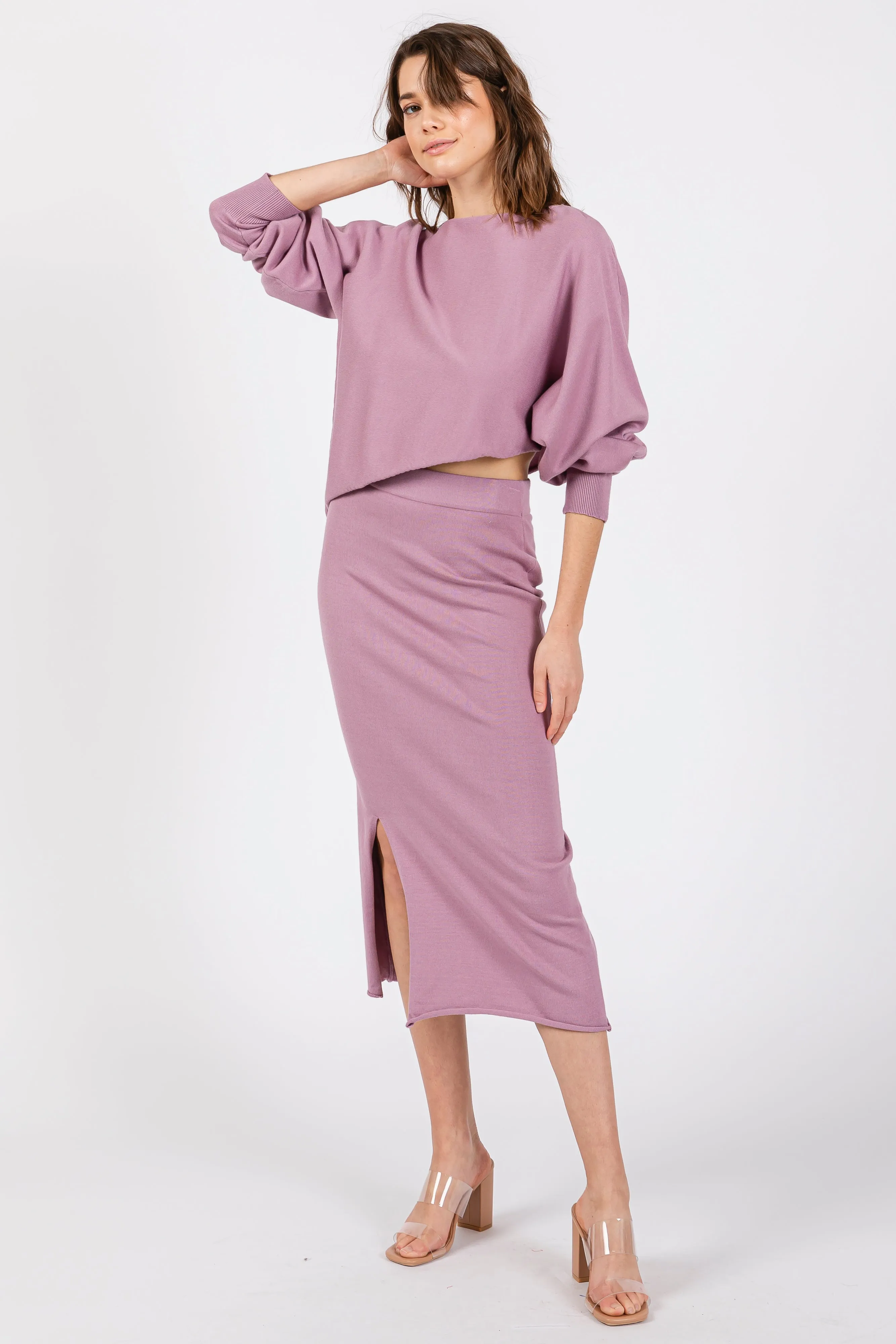 Mauve Knit Long Sleeve Crop Top Midi Skirt Set sold by Pinkblush product image thumbnail 4