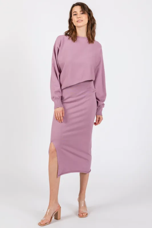 Mauve Knit Long Sleeve Crop Top Midi Skirt Set sold by Pinkblush