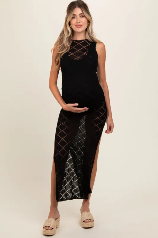 Black Sleeveless Crochet Double Side Slit Maternity Cover Up sold by Pinkblush