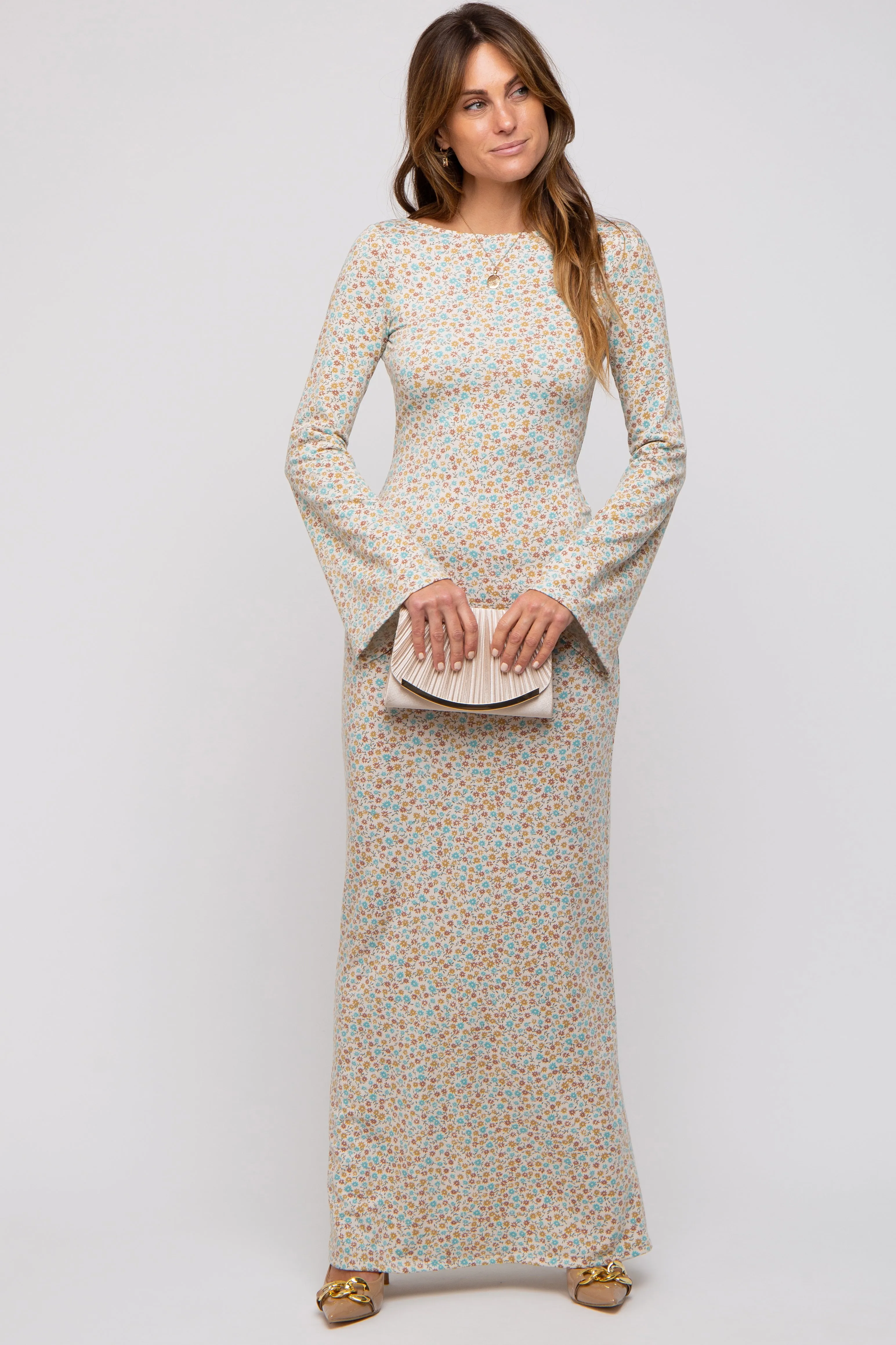 Cream Floral Long Sleeve Open Back Maxi Dress sold by Pinkblush product image thumbnail 5