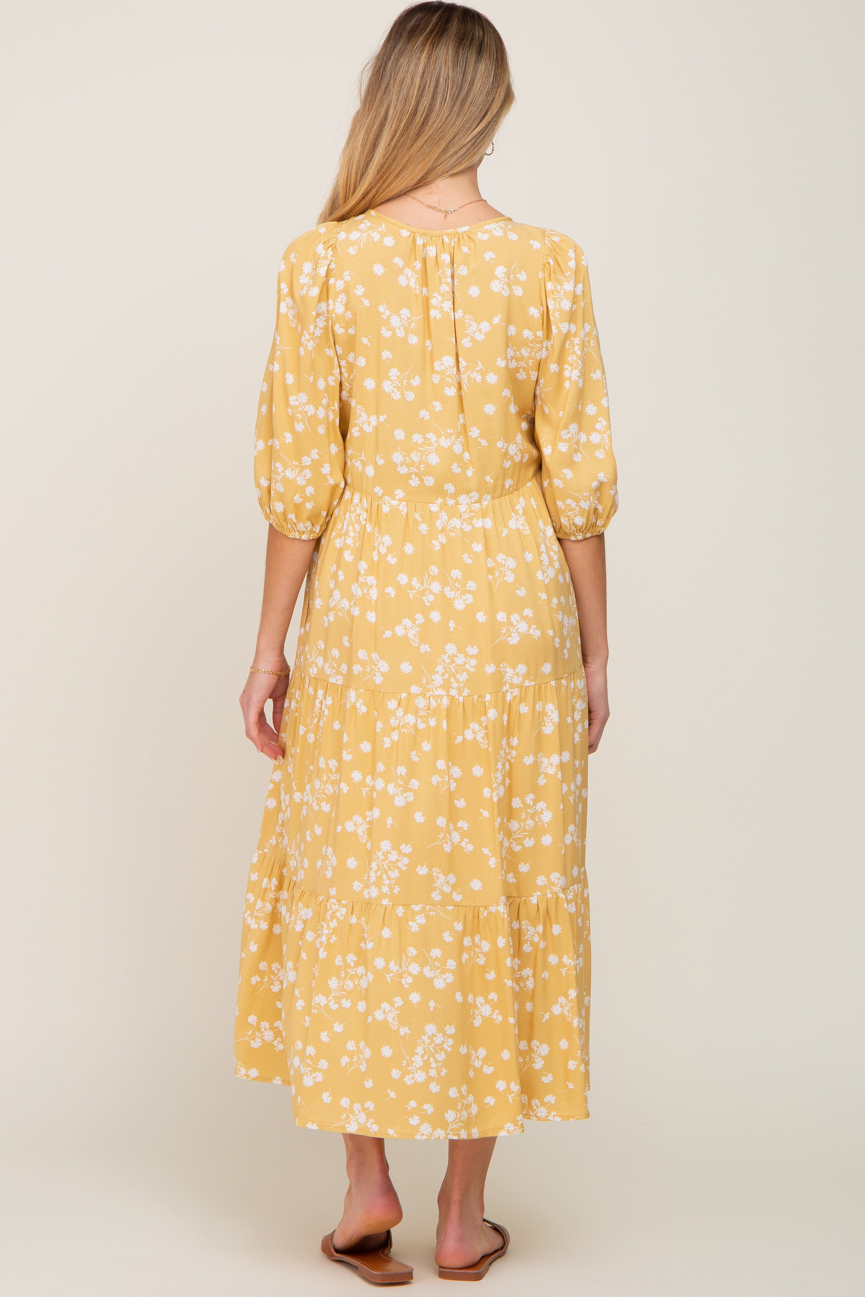 Yellow Floral Button Front Tiered Maternity Midi Dress sold by Pinkblush product image thumbnail 3