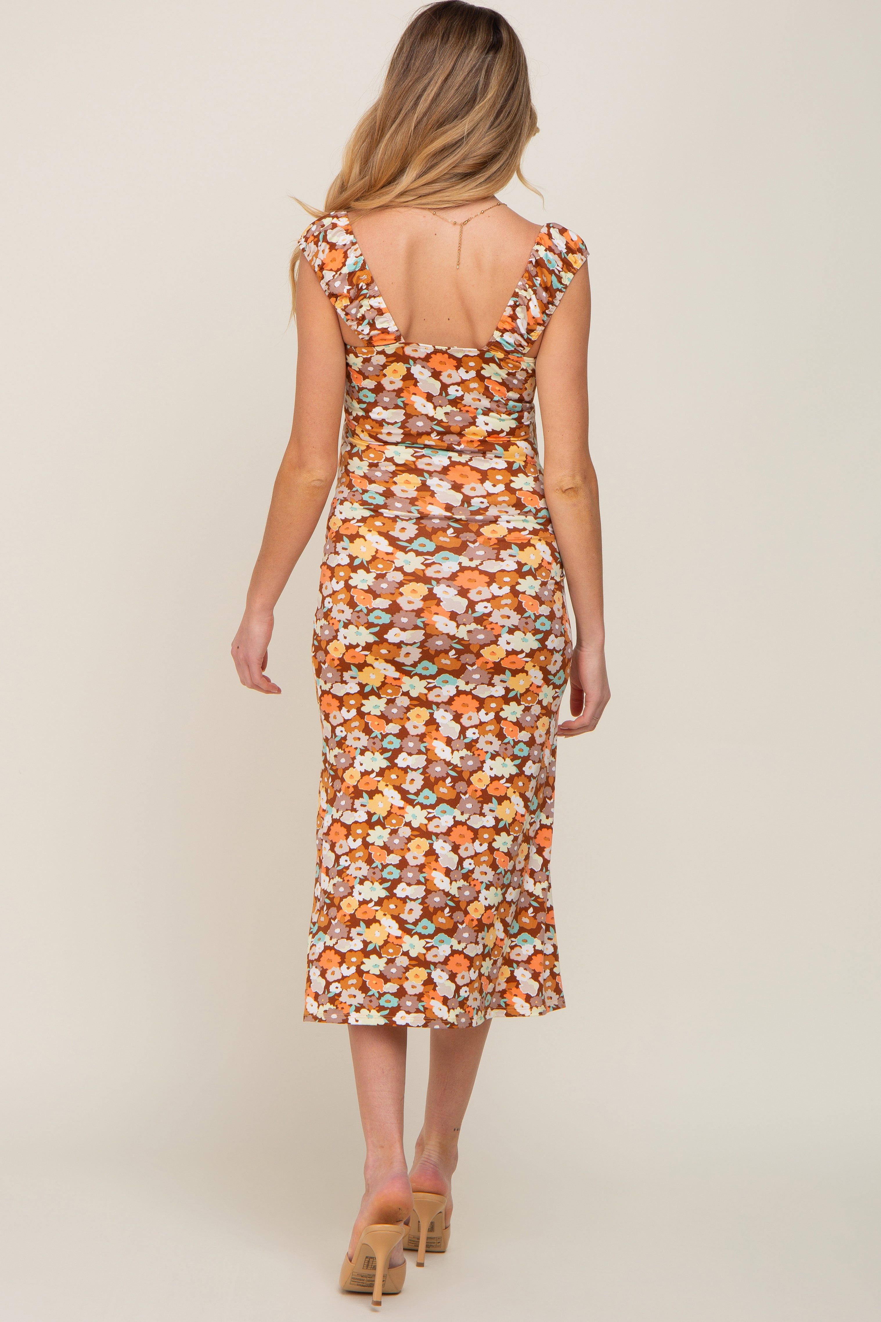 Mocha Floral Fitted Maternity Midi Dress sold by Pinkblush product image thumbnail 3