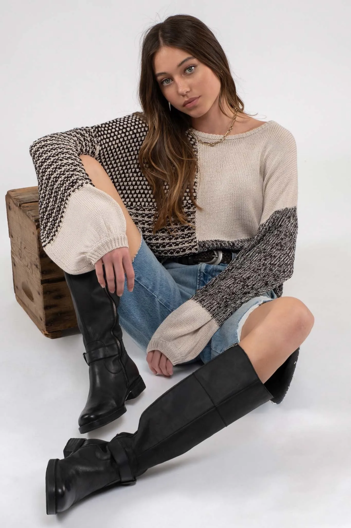 Black Multi Drop Shoulder Colorblock Knit Sweater sold by Pinkblush product image thumbnail 5