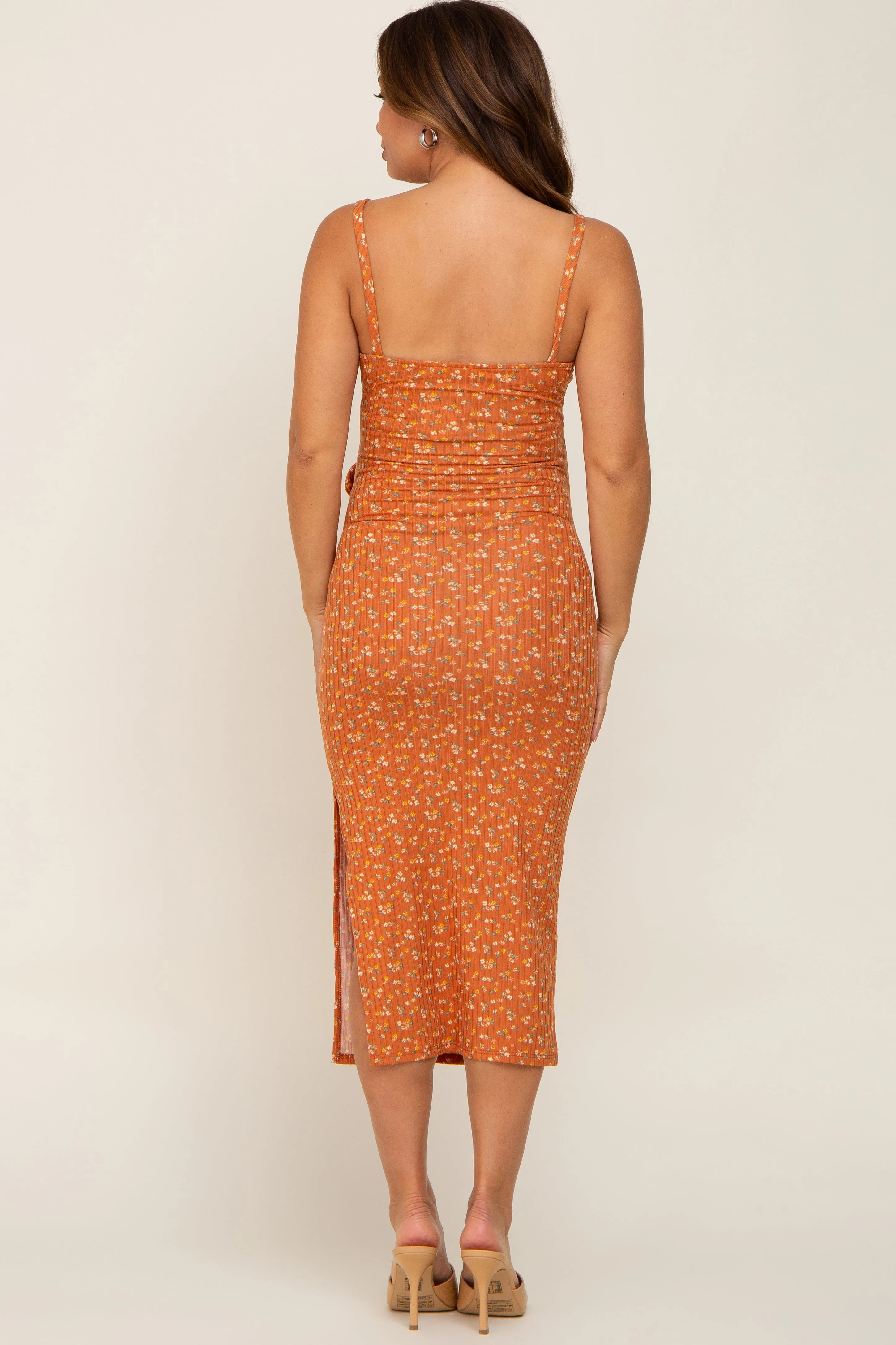 Rust Ribbed Floral Back Tie Maternity Midi Dress sold by Pinkblush product image thumbnail 3