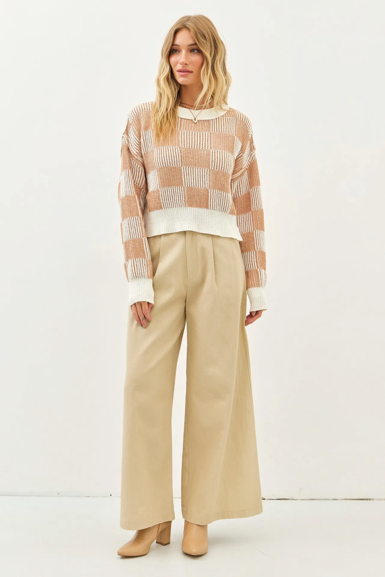 Cream Camel Super Soft Relaxed Fit Checkerboard Sweater sold by Pinkblush product image thumbnail 5