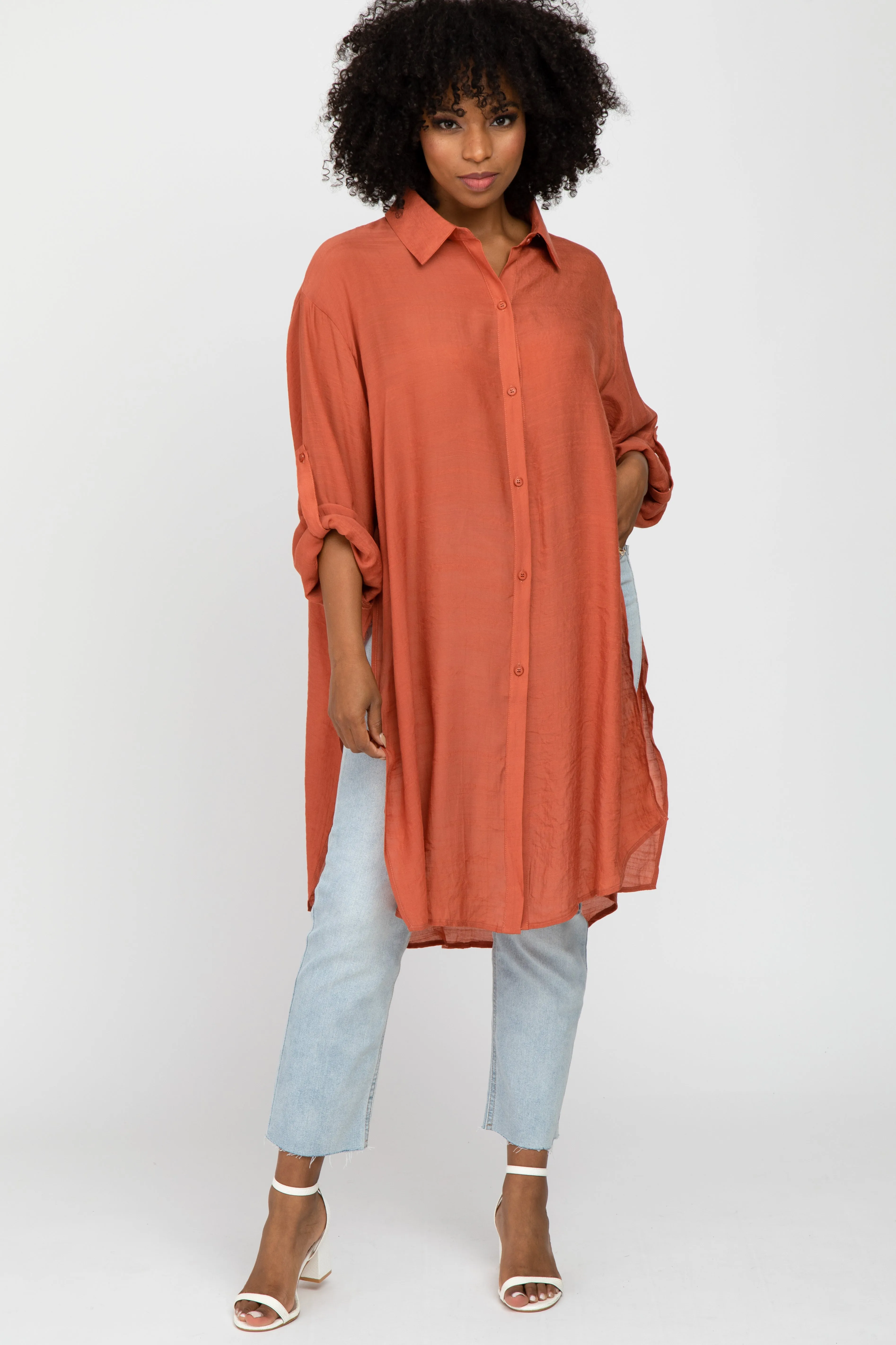 Rust Button Front Side Slit Oversized Maternity Blouse sold by Pinkblush product image thumbnail 5