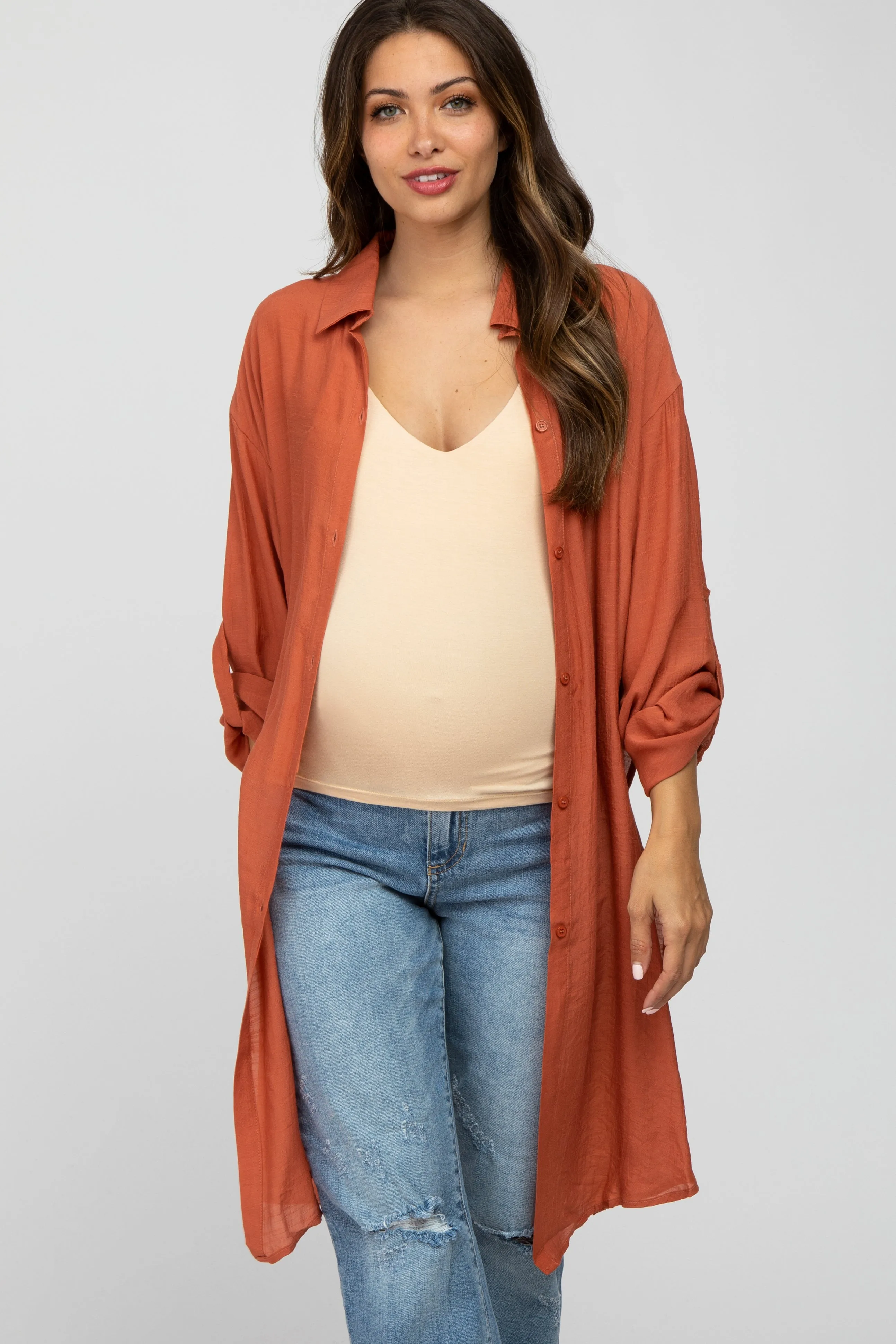 Rust Button Front Side Slit Oversized Maternity Blouse sold by Pinkblush product image thumbnail 2