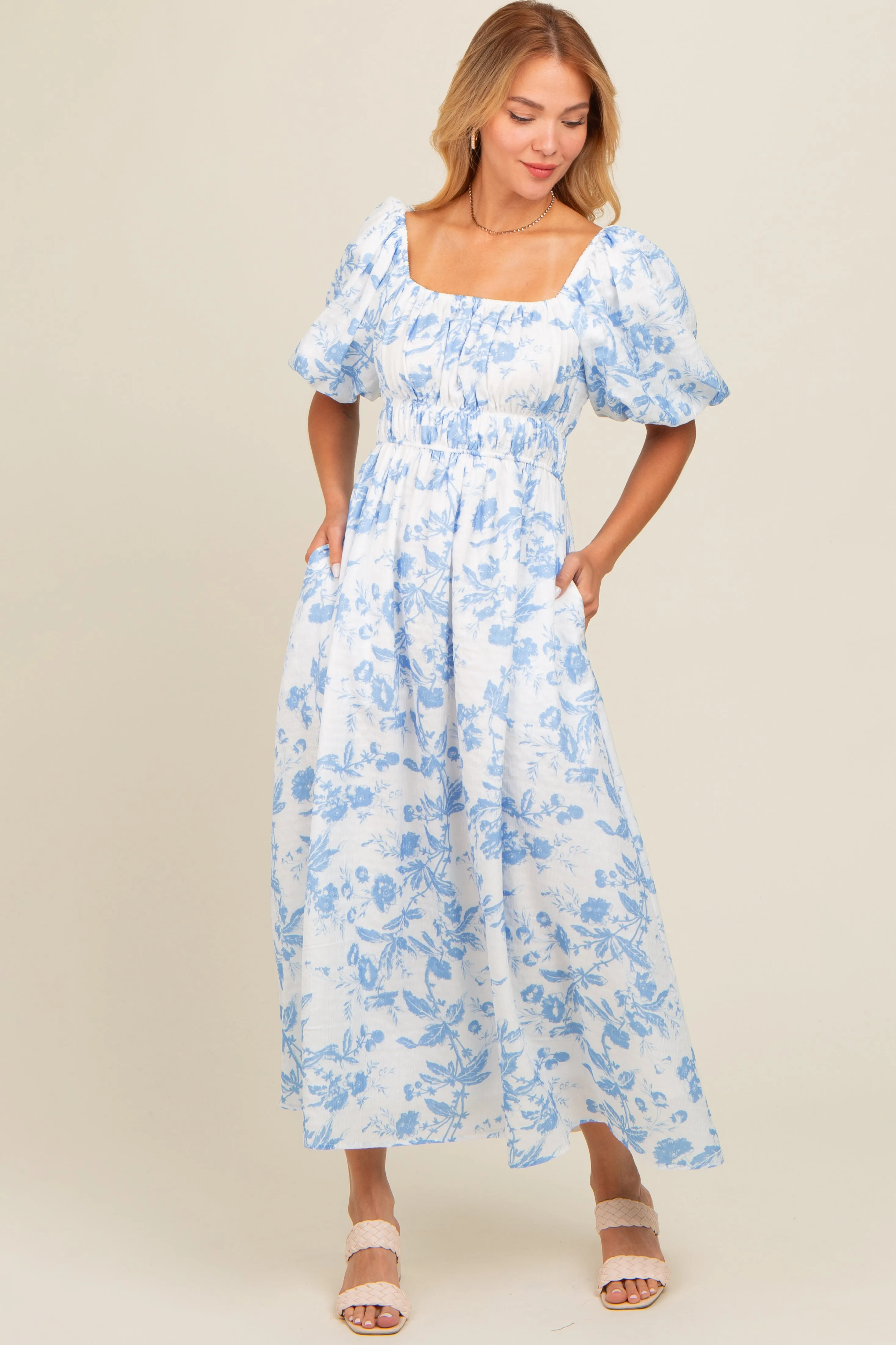 Blue Floral Puff Sleeve Maternity Midi Dress sold by Pinkblush product image thumbnail 4