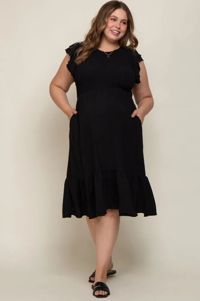 Black Smocked Layered Ruffle Flutter Sleeve Maternity Plus Midi Dress sold by Pinkblush product image thumbnail 5