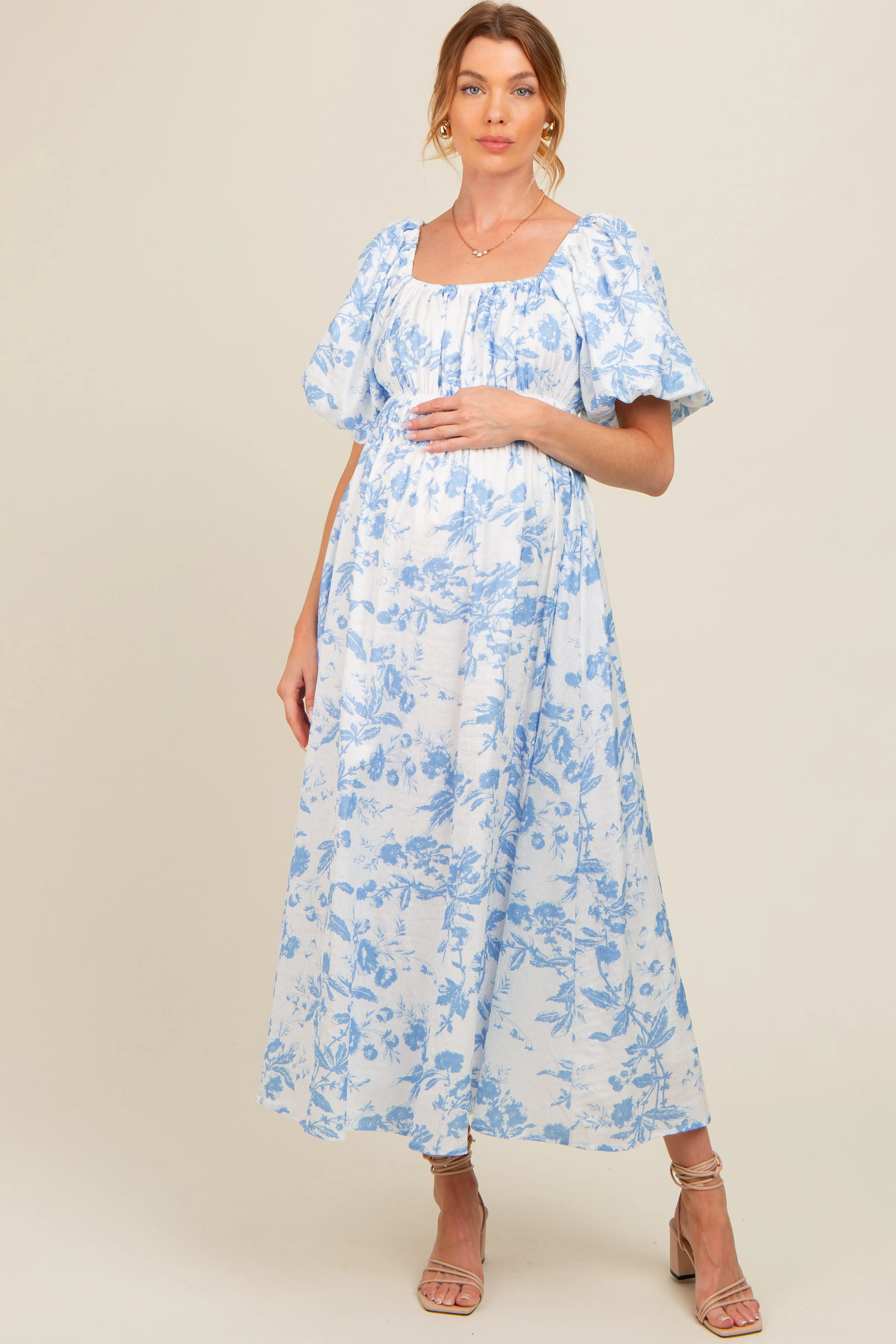 Blue Floral Puff Sleeve Maternity Midi Dress sold by Pinkblush