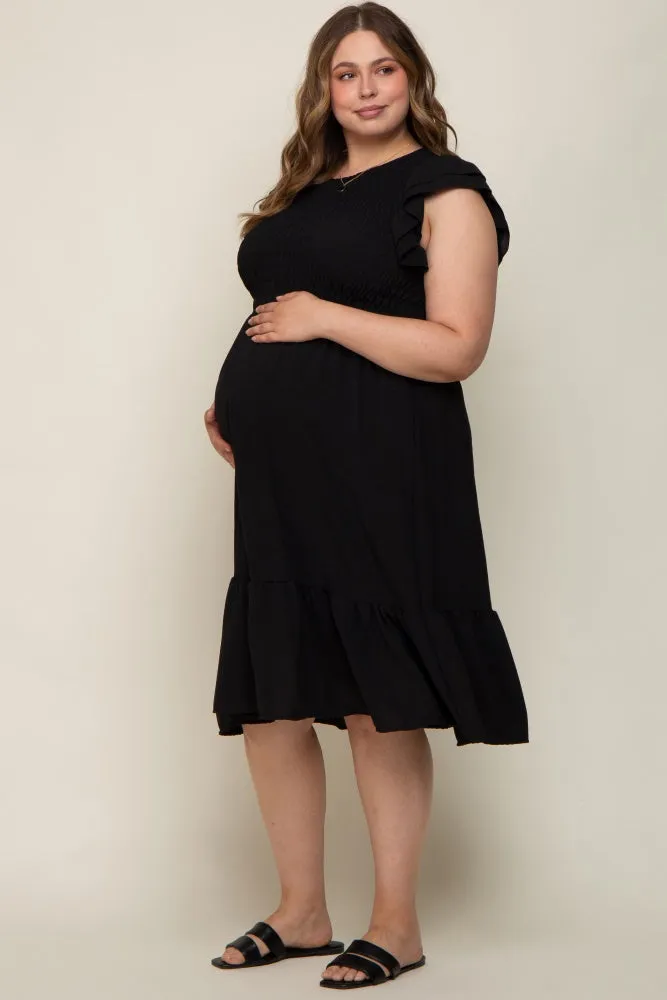 Black Smocked Layered Ruffle Flutter Sleeve Maternity Plus Midi Dress sold by Pinkblush product image thumbnail 2