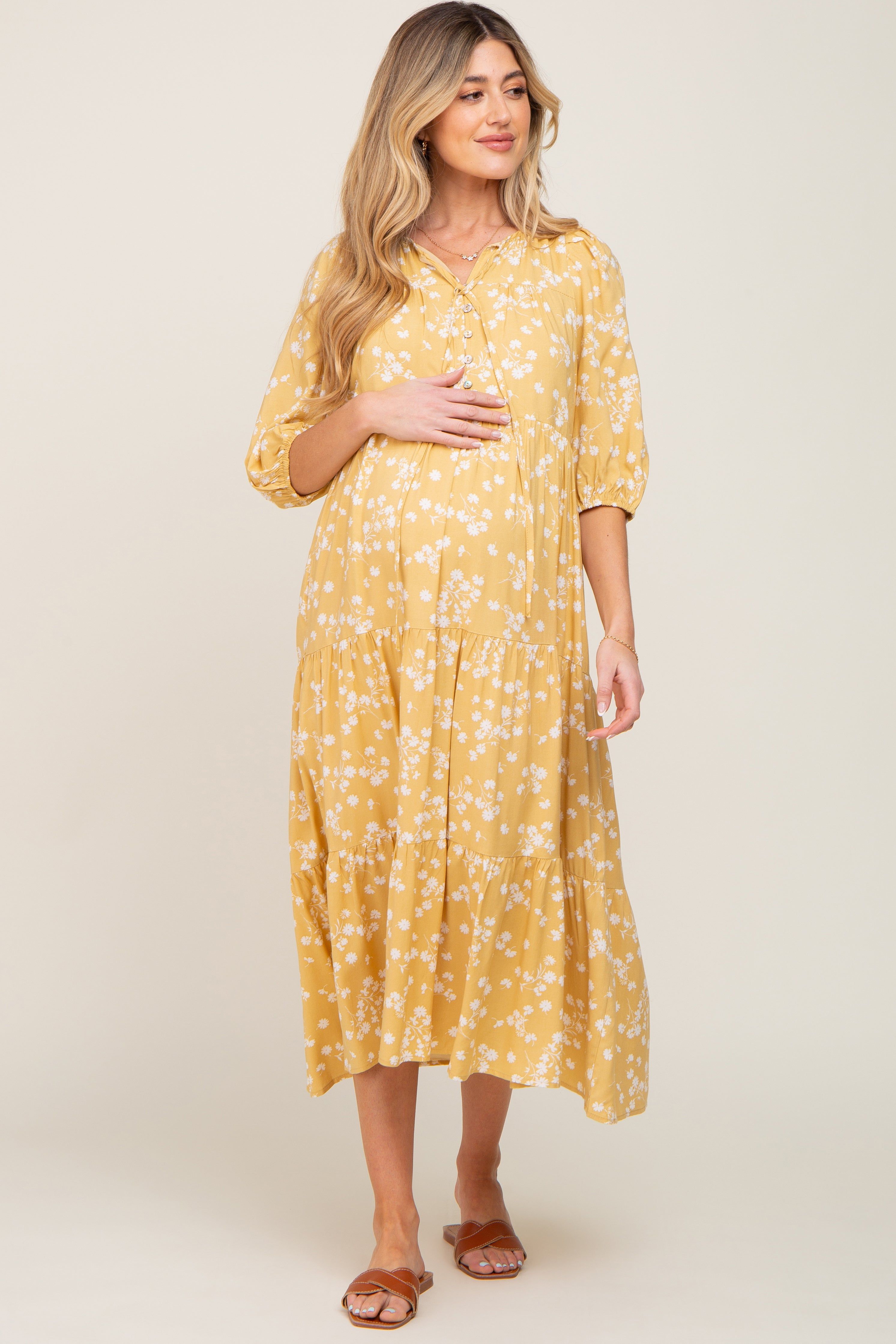 Yellow Floral Button Front Tiered Maternity Midi Dress sold by Pinkblush product image thumbnail 4