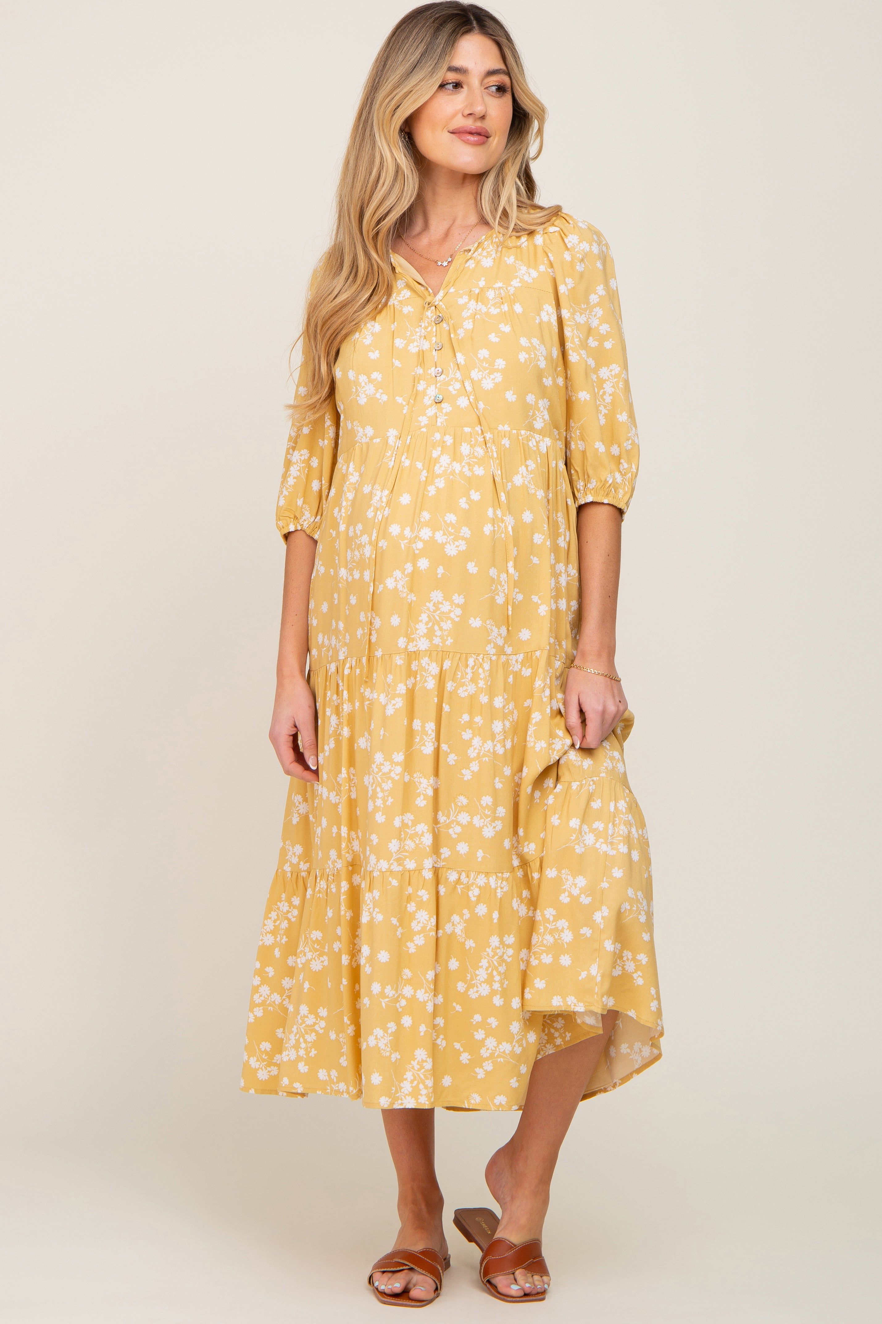 Yellow Floral Button Front Tiered Maternity Midi Dress sold by Pinkblush