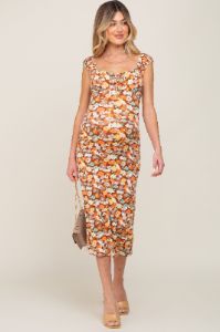 Mocha Floral Fitted Maternity Midi Dress sold by Pinkblush