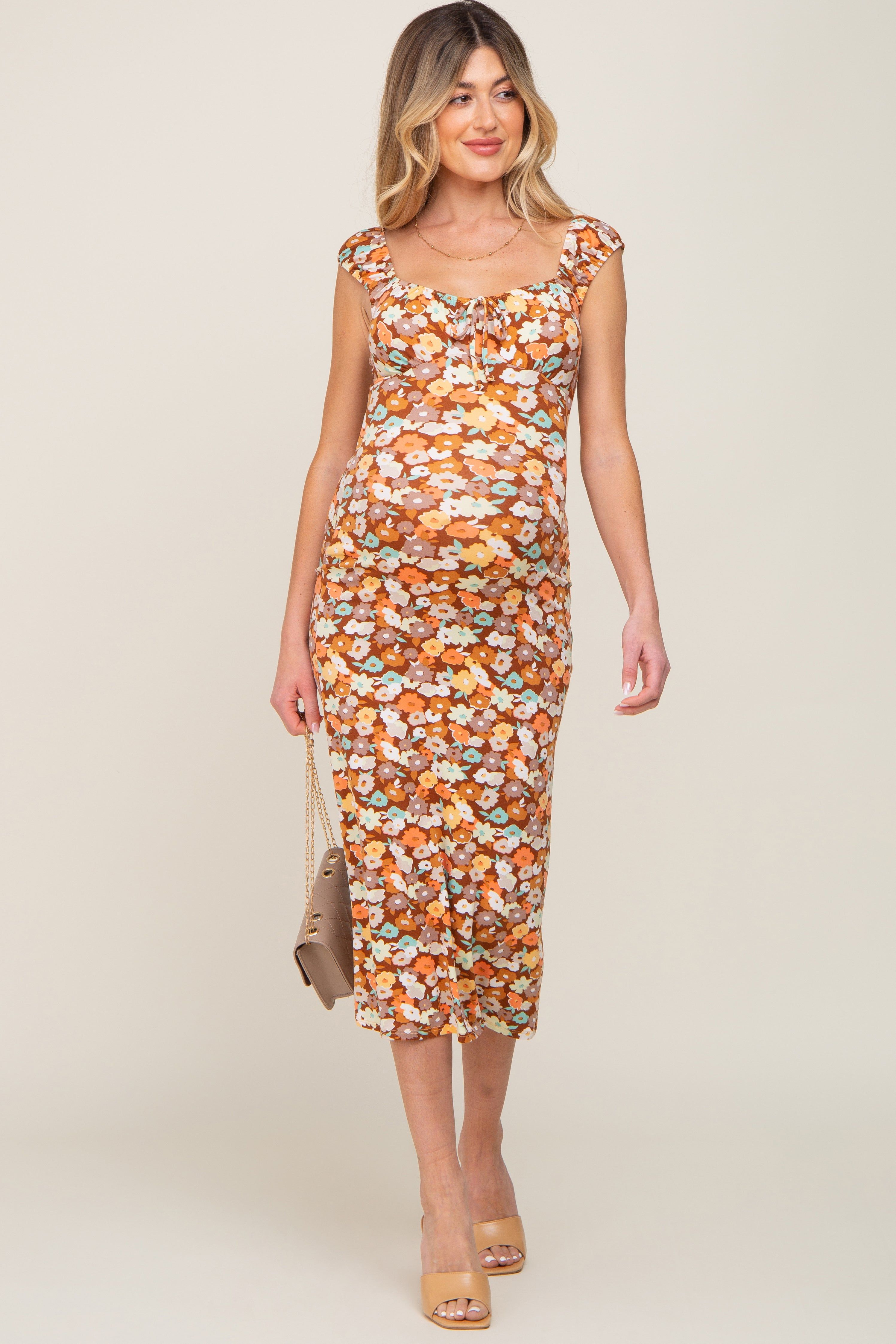 Mocha Floral Fitted Maternity Midi Dress sold by Pinkblush product image thumbnail 4