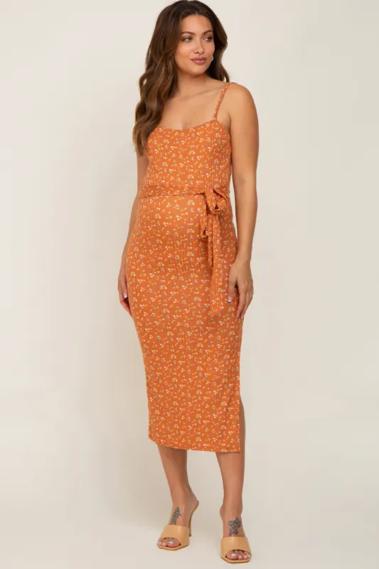Rust Ribbed Floral Back Tie Maternity Midi Dress sold by Pinkblush