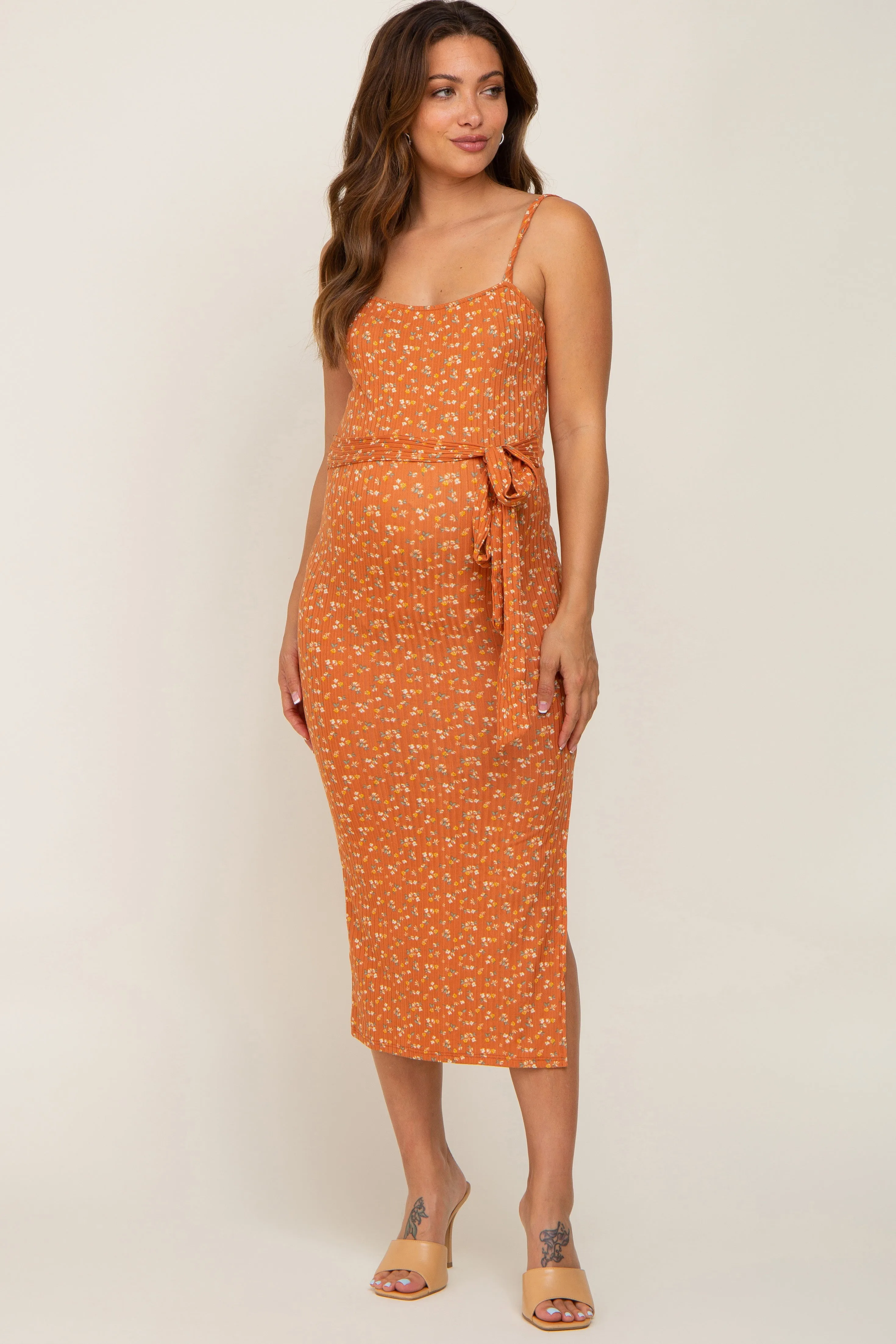 Rust Ribbed Floral Back Tie Maternity Midi Dress sold by Pinkblush